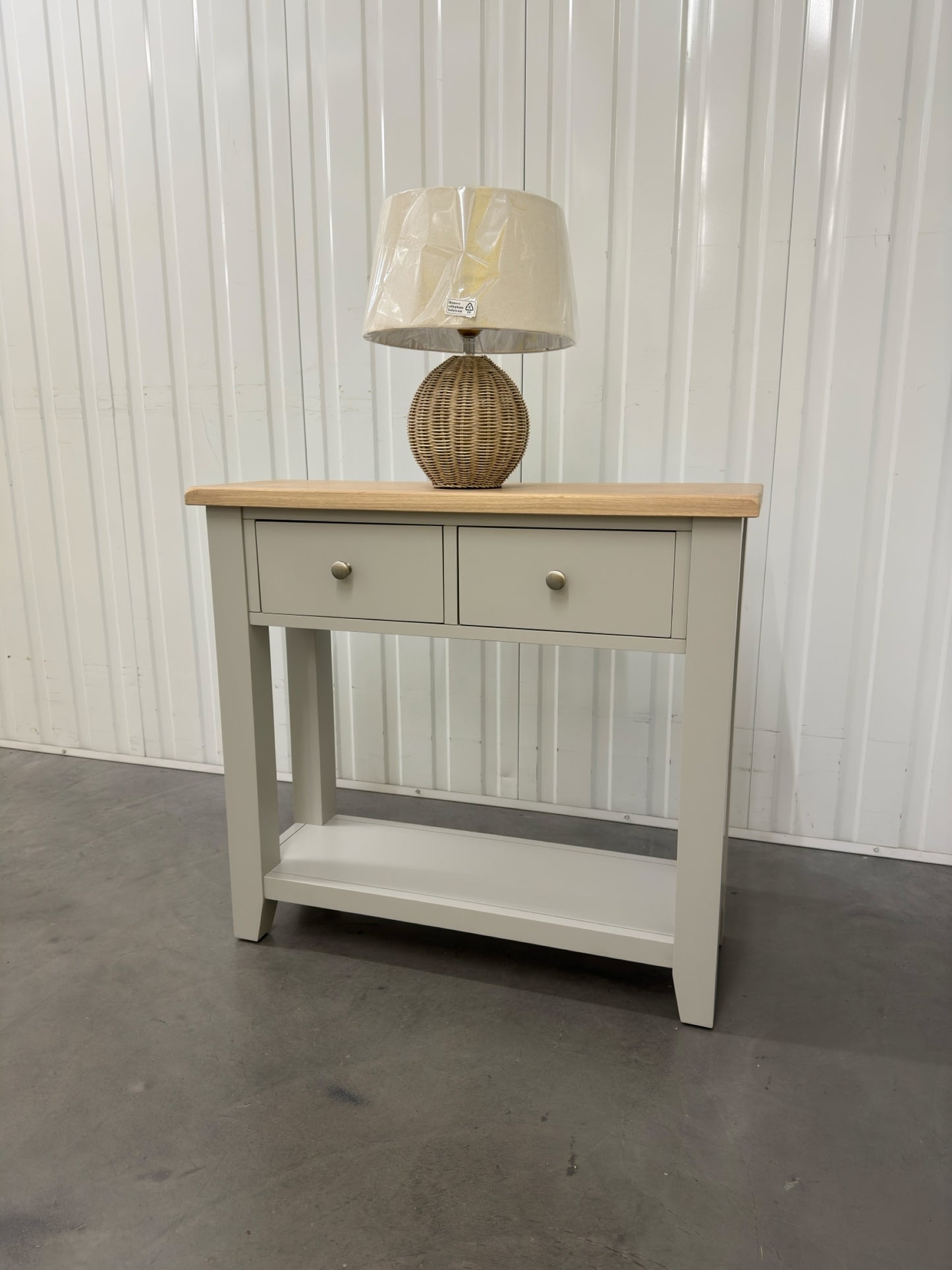 White Wax Finished Oak Top & Dove Grey Painted Console Table