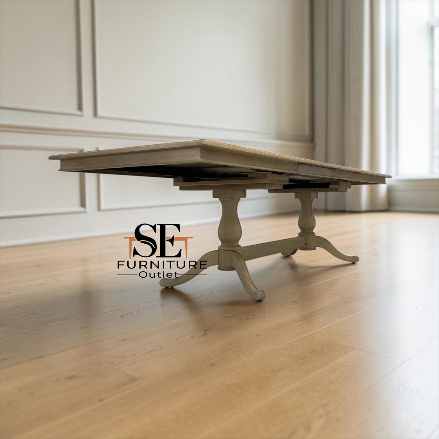 Solid Oak & Quality Oak Veneer 6-10 Seater Extending Dining Table with Limewashed Finish, Camille Range RRP £1500