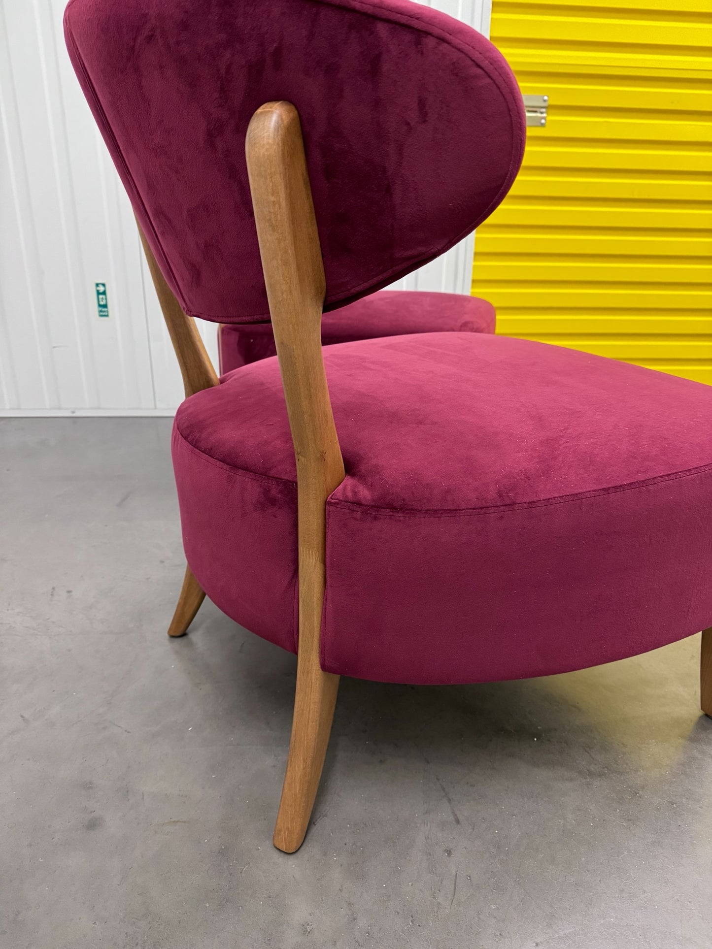 Pair Of Crimson Velvet Fabric Casual Chairs With Solid Oak Frame