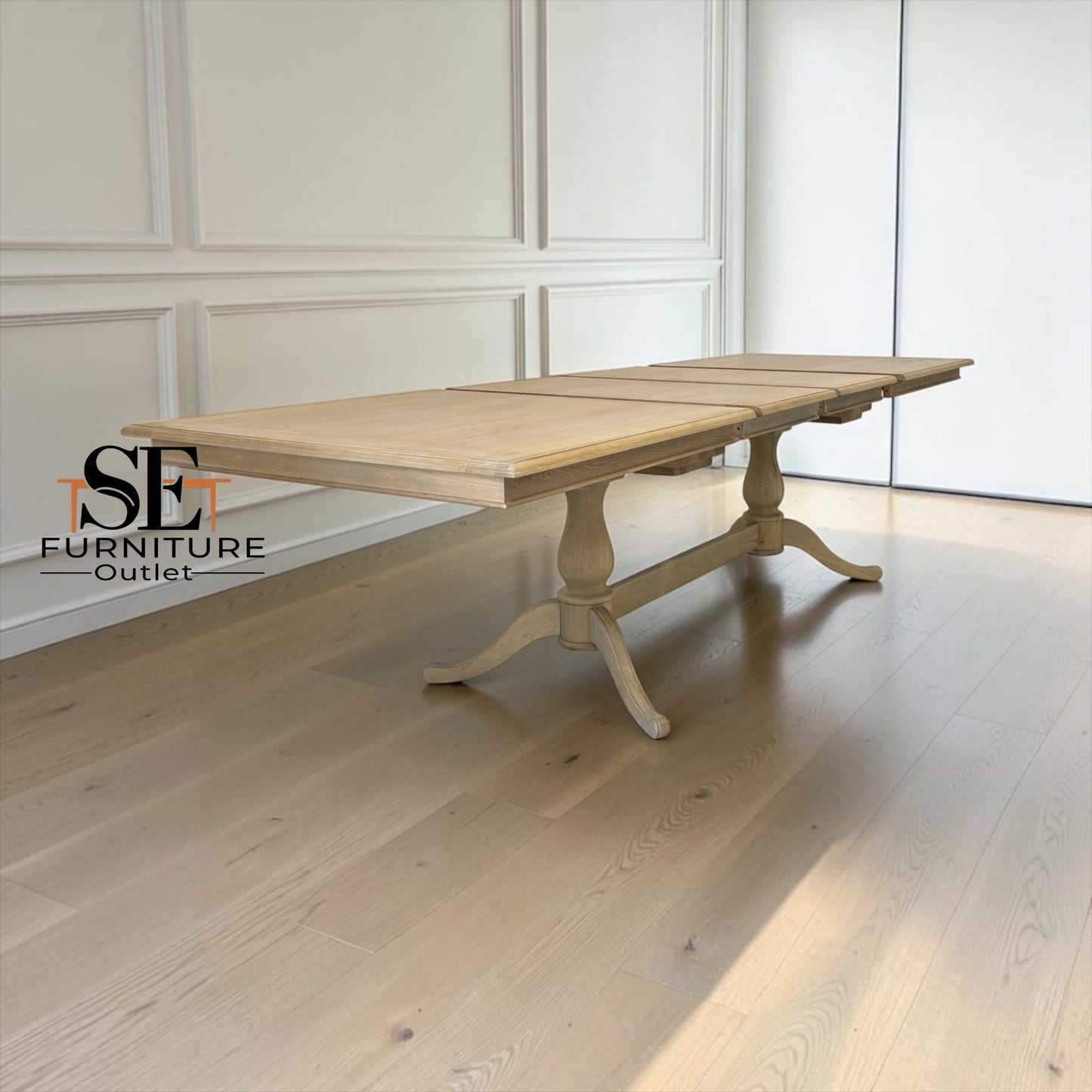 Solid Oak & Quality Oak Veneer 6-10 Seater Extending Dining Table with Limewashed Finish, Camille Range RRP £1500