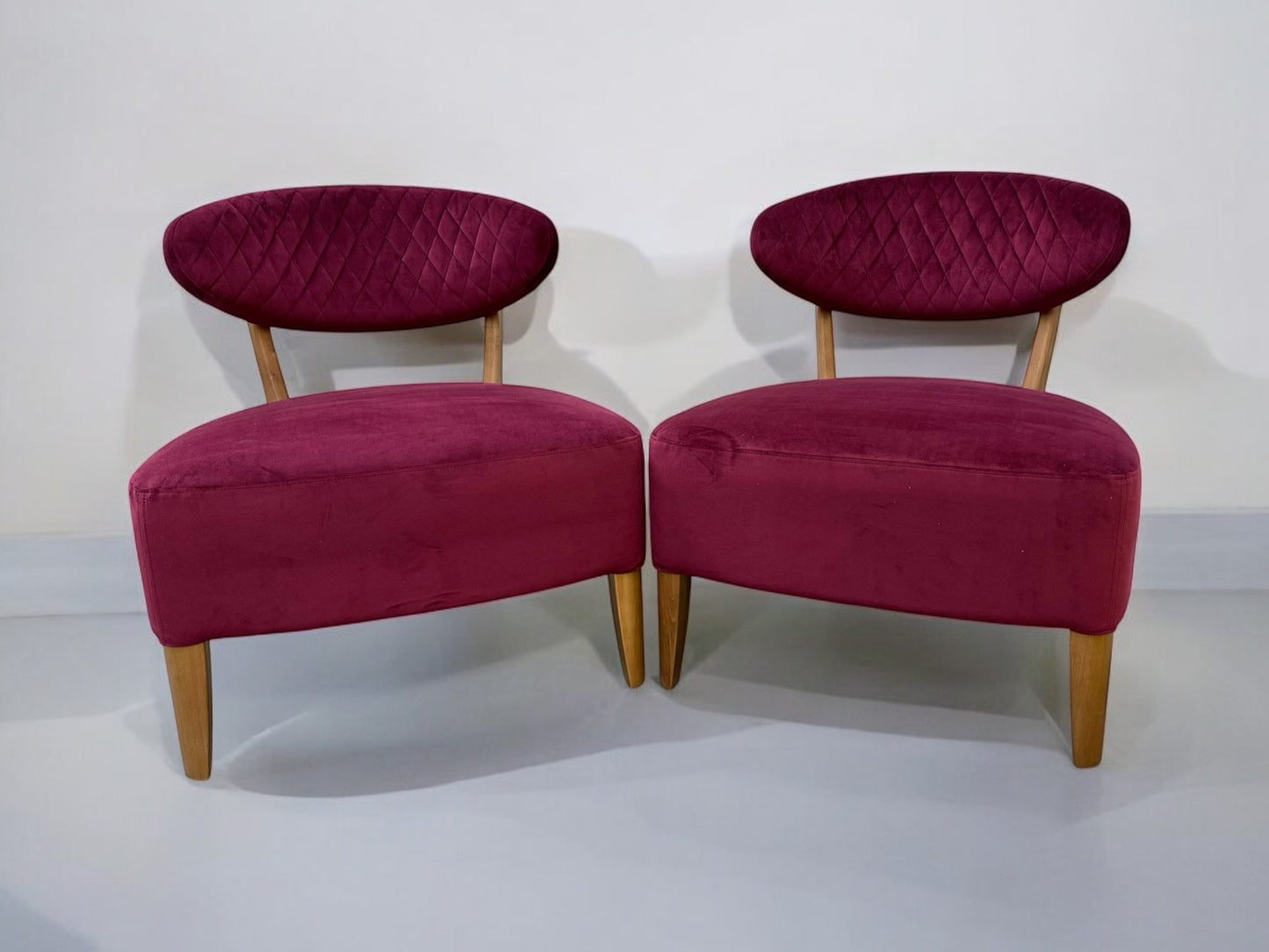 Pair Of Crimson Velvet Fabric Casual Chairs With Solid Oak Frame