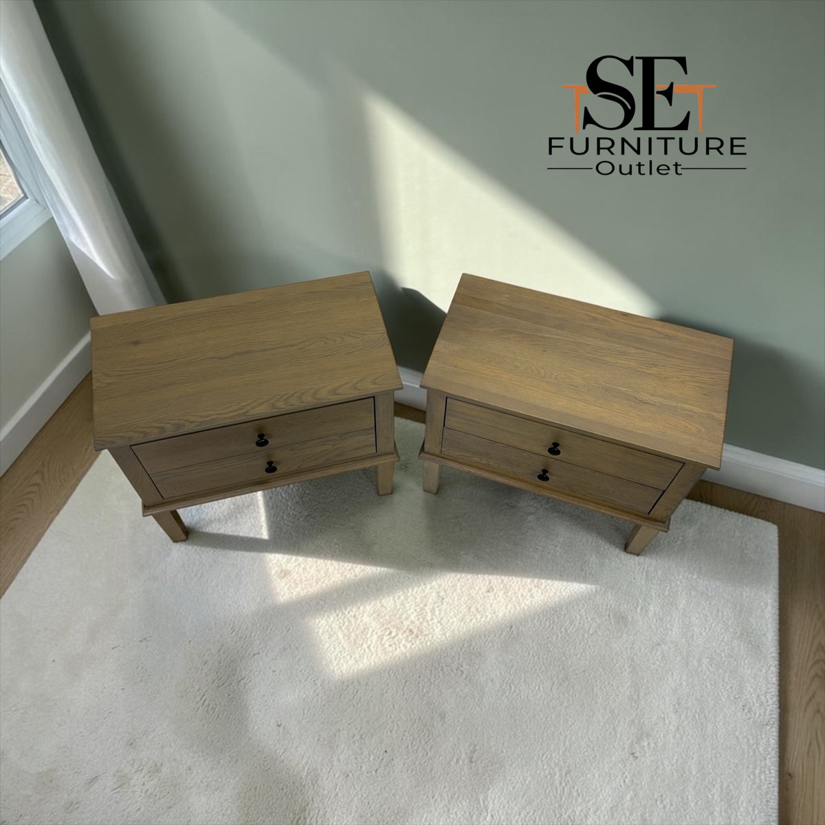 Set of 2 Smoked Solid Oak & Oak Veneer Wide 2 Drawer Bedside Tables, Bibury Smoked Oak Range, RRP £500