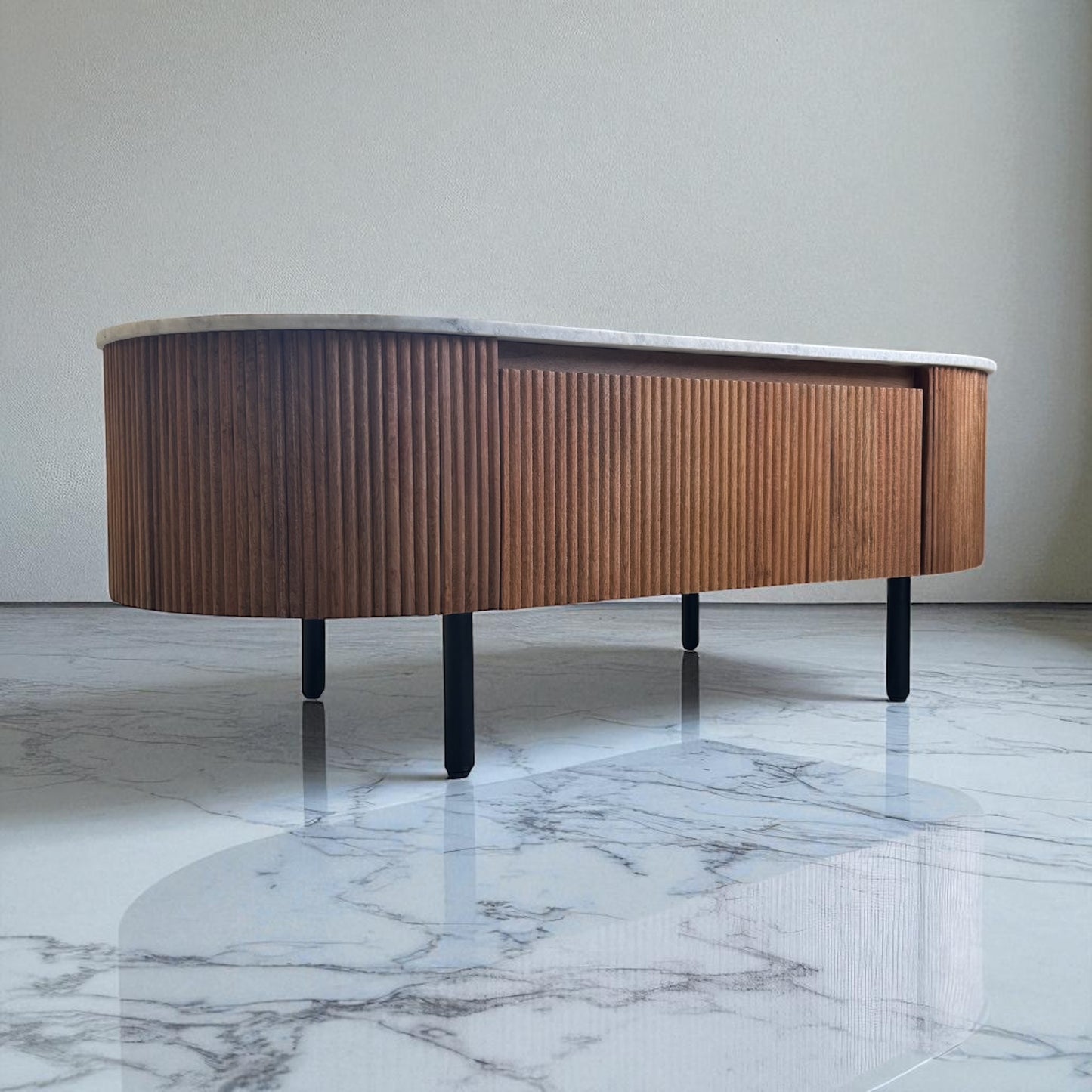 Solid Mango Wood Fluted Base & Natural White & Grey Mottled Marble Top Coffee Table