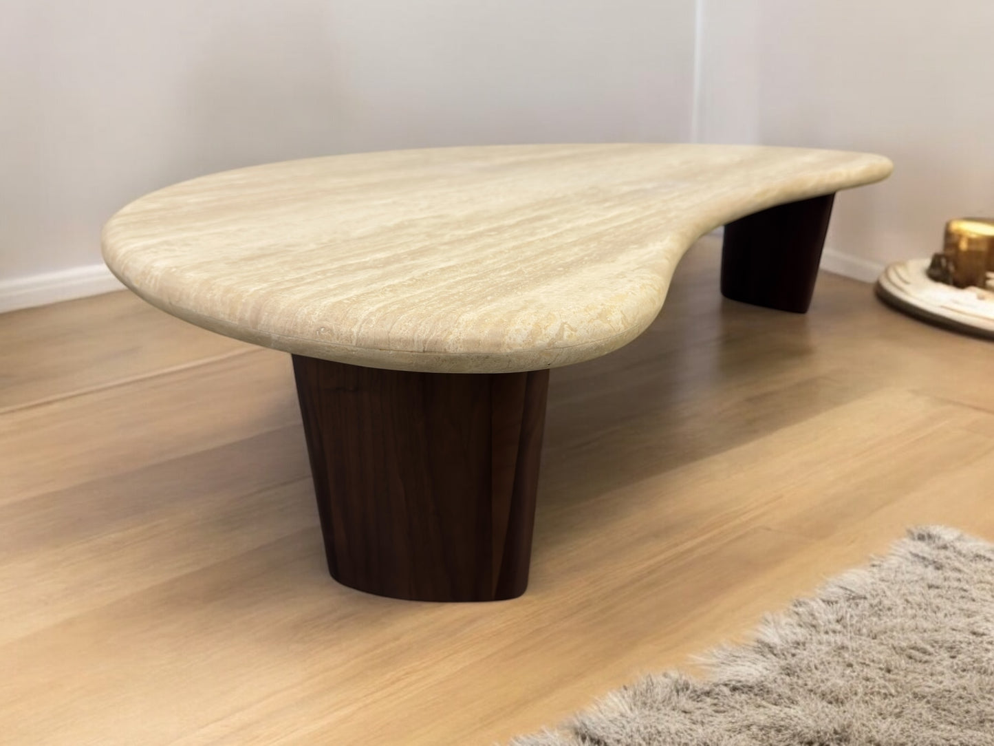 Solid Walnut legs & Natural Travertine Stone Coffee Table in the Shape of a Crescent Moon RRP £1199