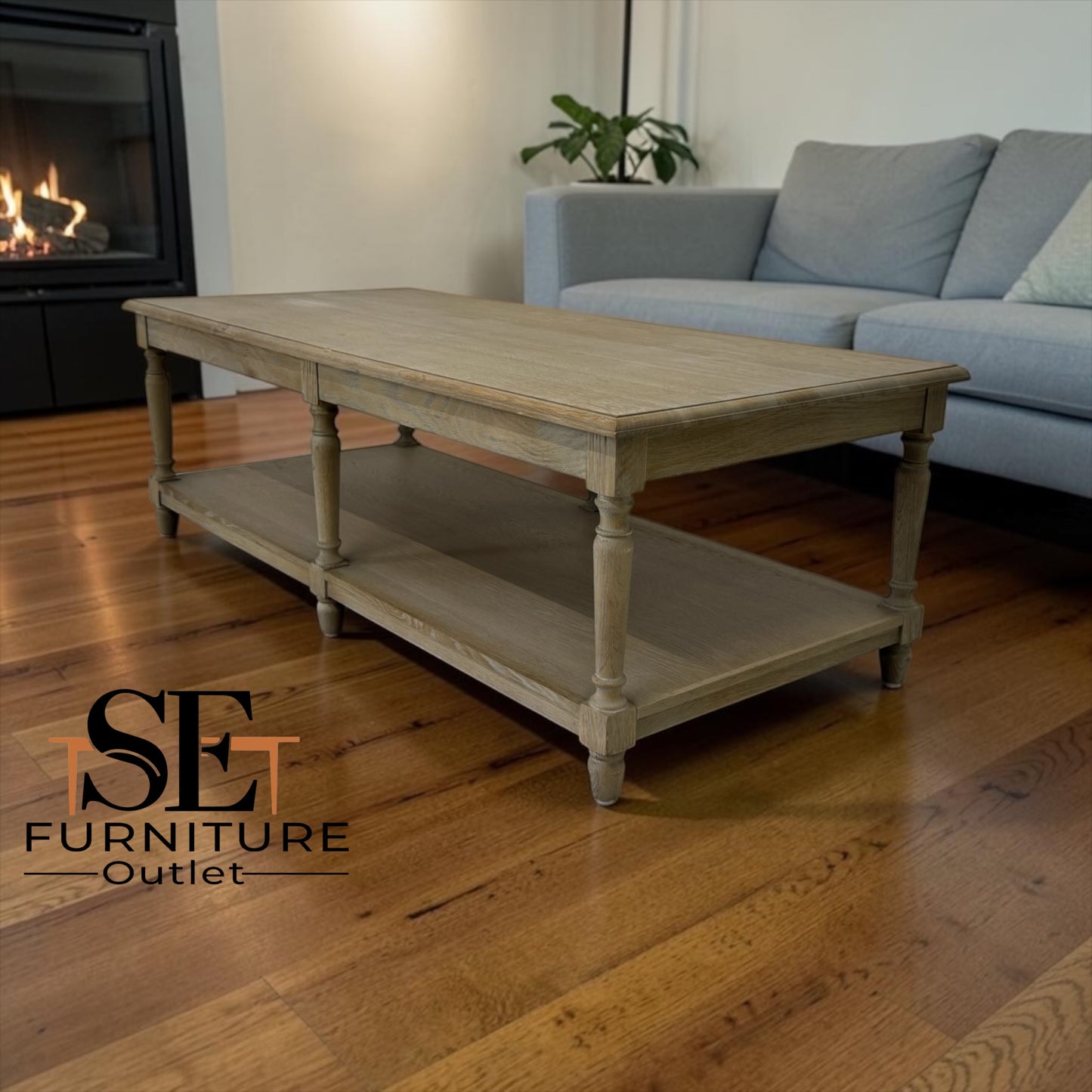 Grey-toned Limewashed Finish Solid Oak & High-Quality Oak Veneer Large Coffee Table, Camille Range, RRP £750