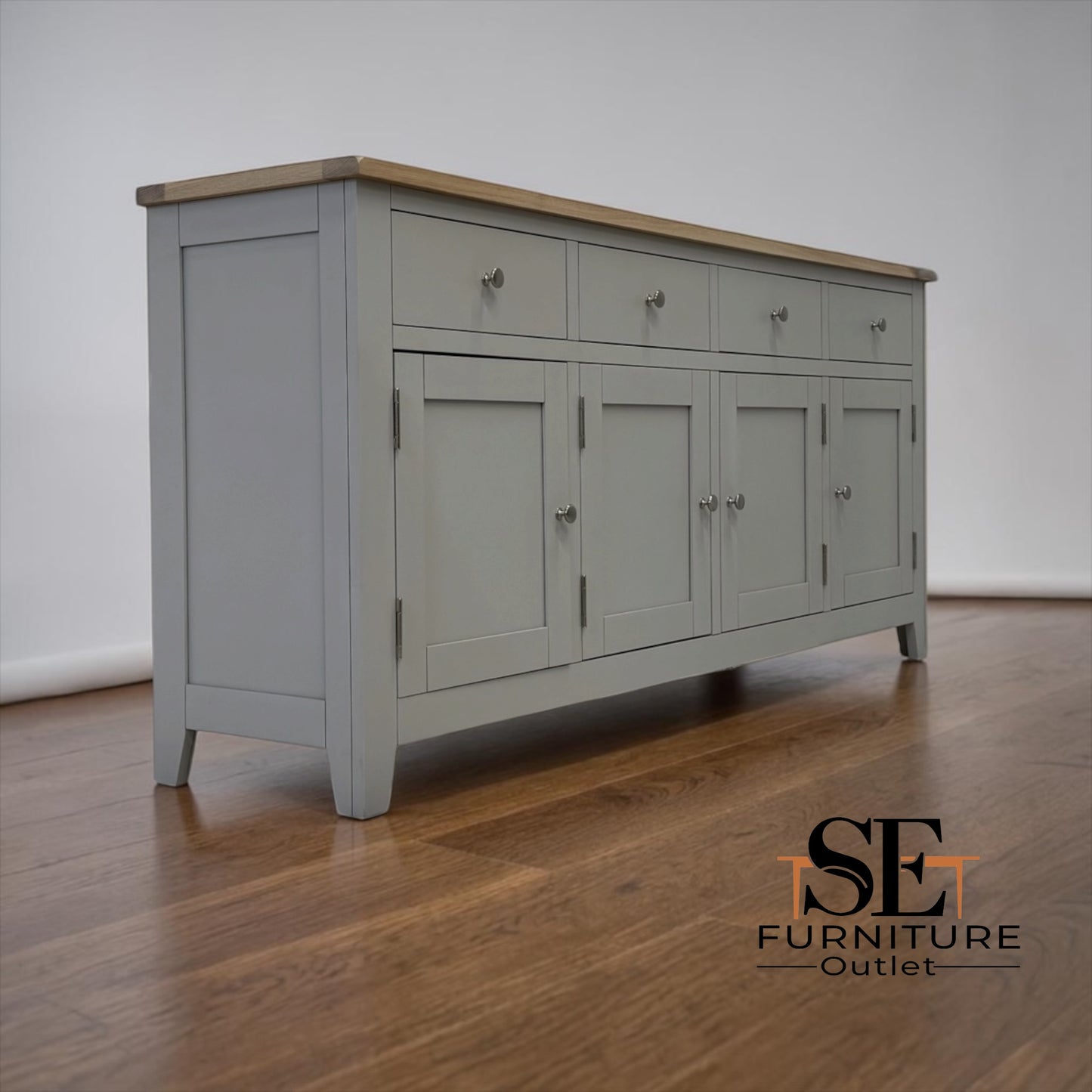 White Wax Finished Oak Top & Solid Wood Frames Extra Large Sideboard, Chester Dove Grey Range RRP £899