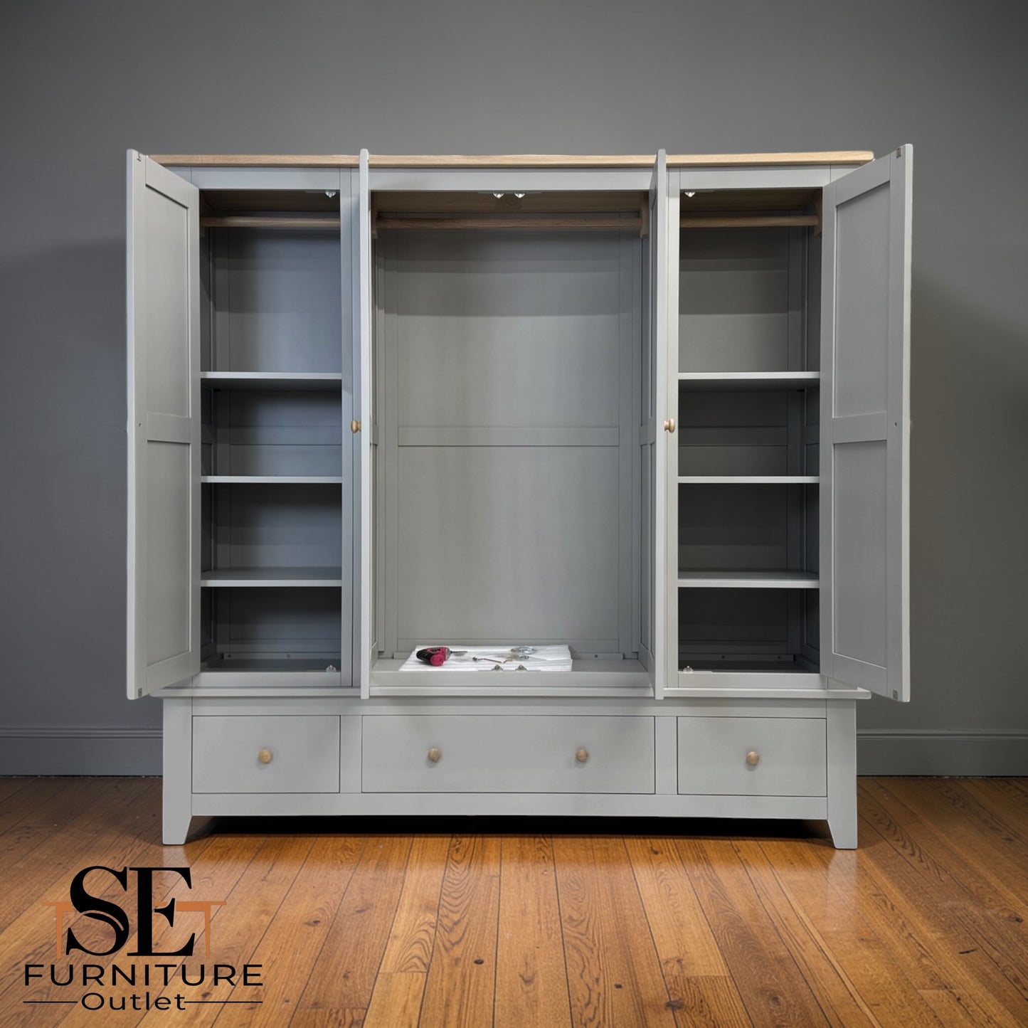 Solid Oak Top & Solid Wood Frames Quad Wardrobe, Chester Dove Grey Range RRP £1799