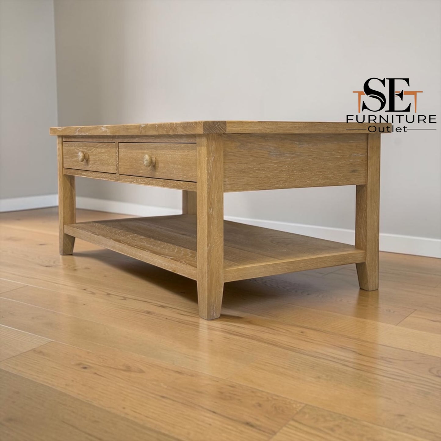 Whitewashed Finish Solid Oak & Oak Veneer Coffee Table with Drawers, Inglesham Range RRP £499
