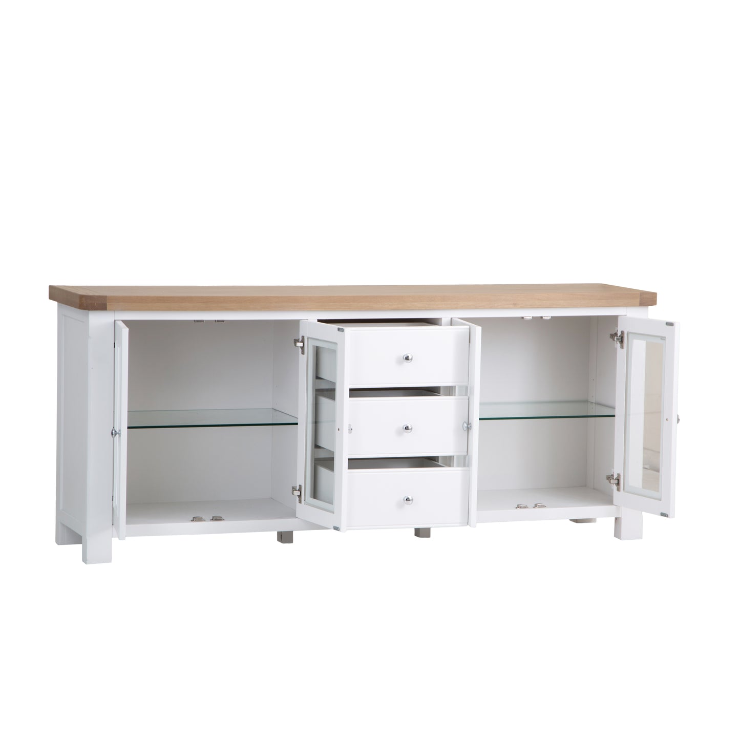 White Washed Oak Top & White Painted 4-Door Sideboard with Glass Doors and Glass Shelves