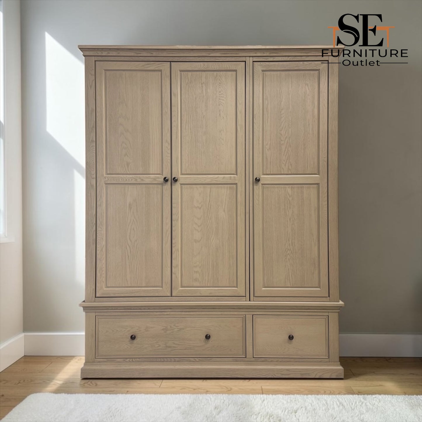 Weathered Oak Triple Wardrobe with Glass Mirror & Shelves, Burleigh Range From Oak Furnitureland RRP £1769