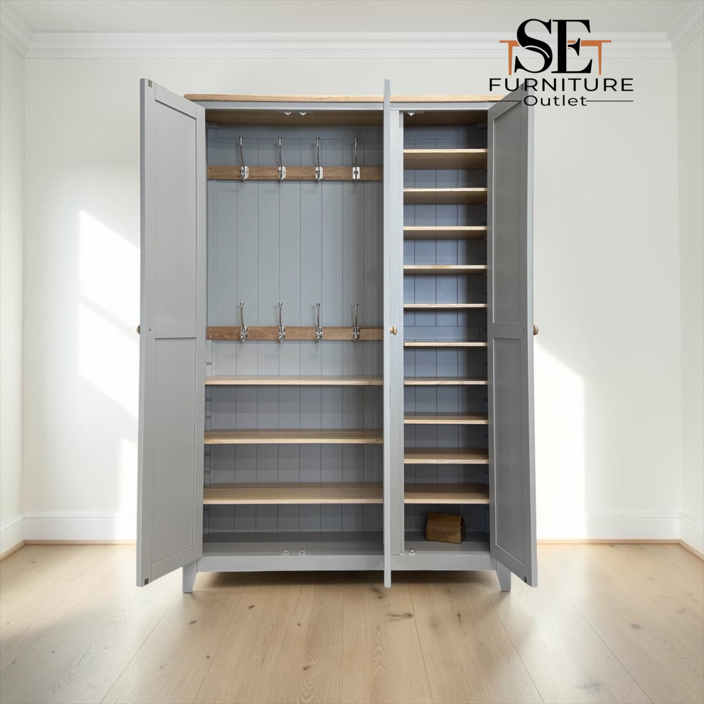 Solid Oak Top & Solid Wood Frames 3 Door Hallway Cupboard, Chester Dove Grey Range RRP £1325
