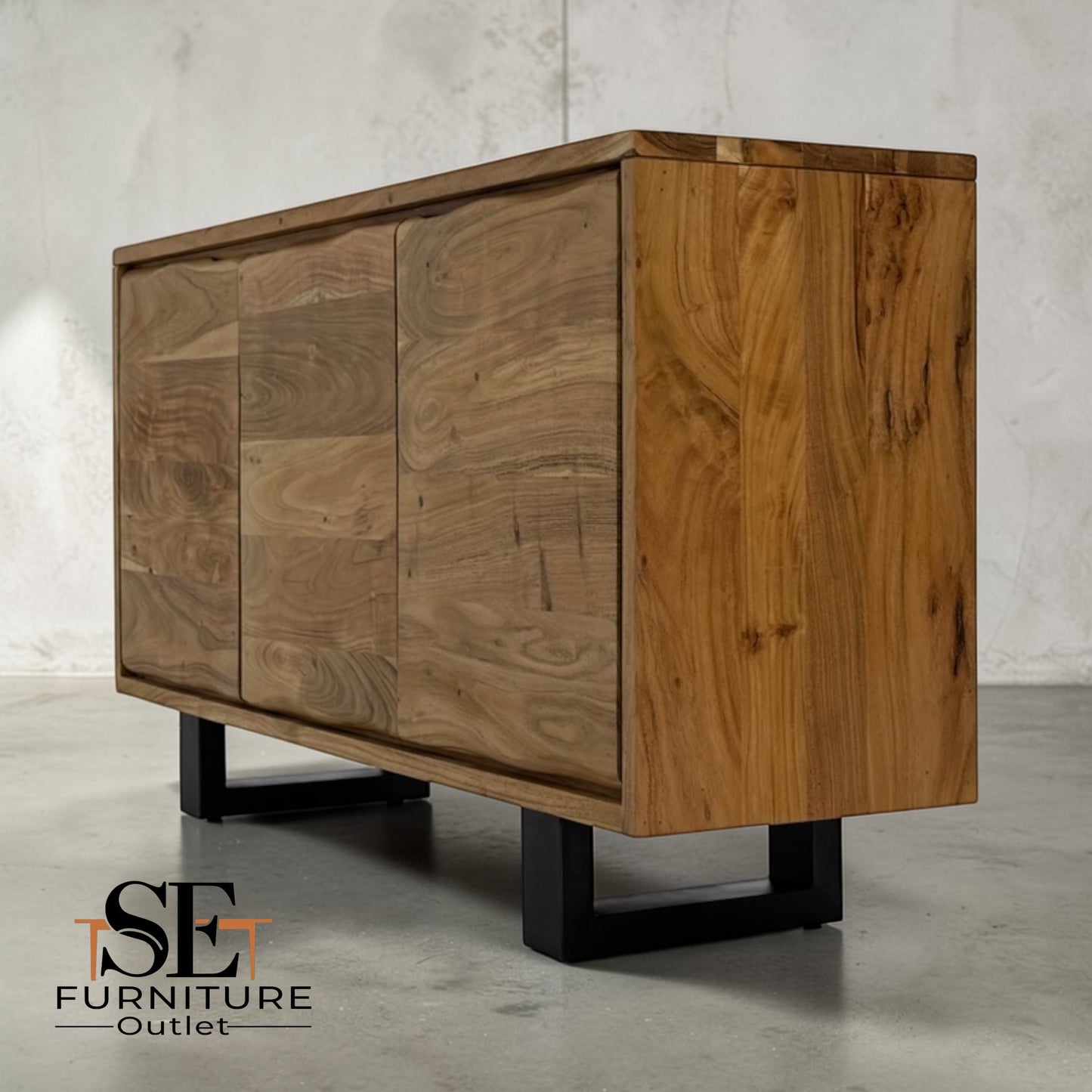 Chunky Solid Acacia Wood Live Edge 3-Door Large Sideboard with Gun Metal Legs RRP £999