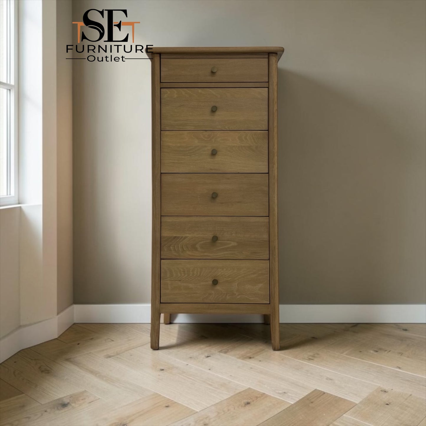 White Wax Finished Solid Oak & Oak Veneer Vanity Tallboy, Berkeley Nordic Oak Range RRP £799