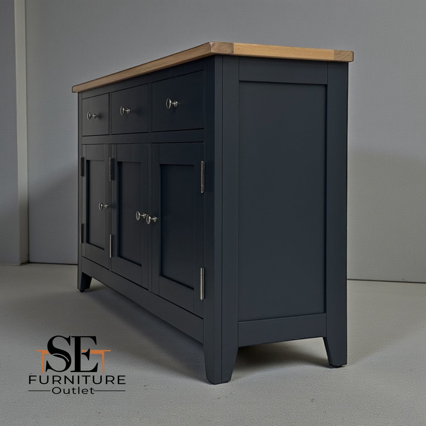 White Wax Finished Quality Oak Top & Solid Wood Frames Sideboard, Chester Charcoal Range RRP £650