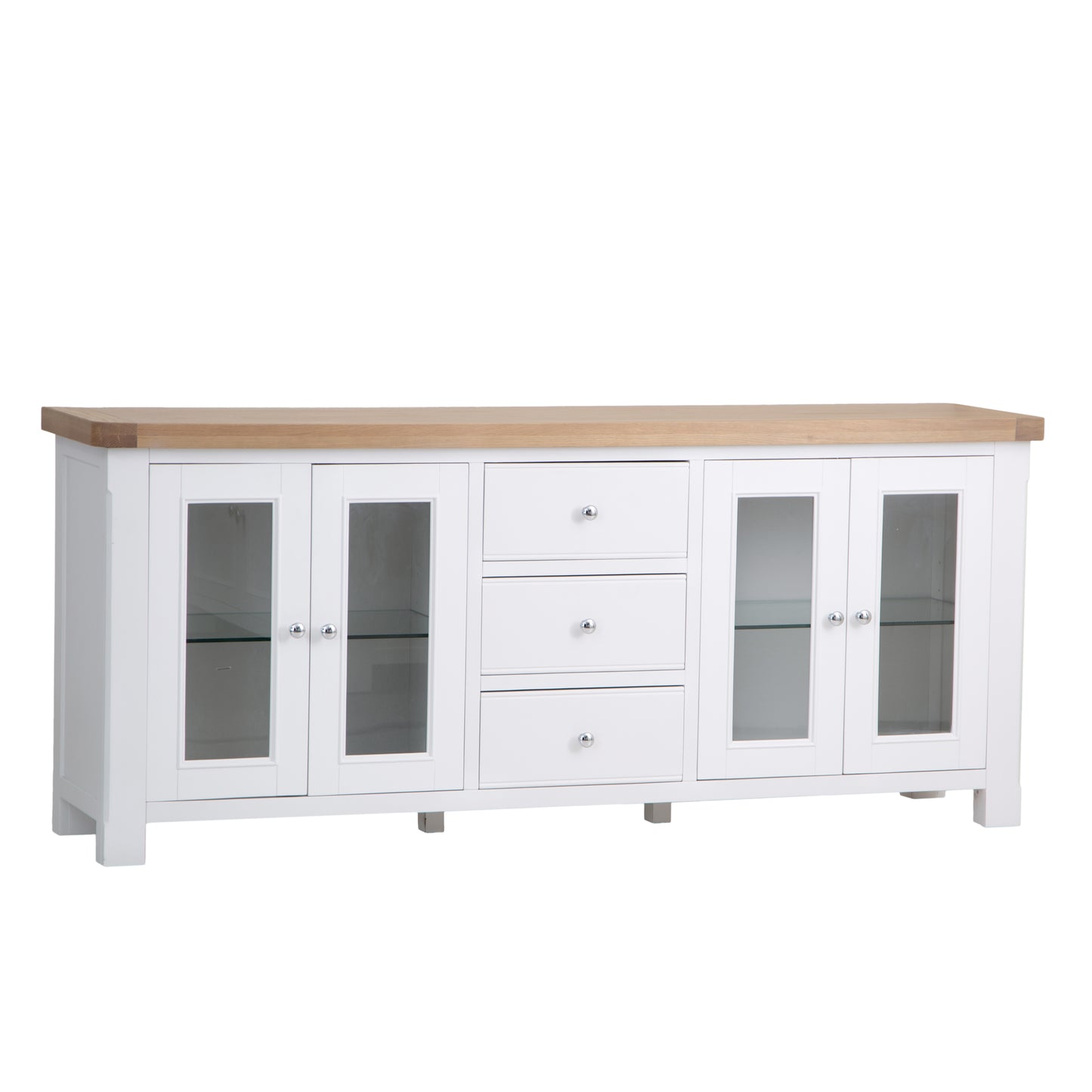 White Washed Oak Top & White Painted 4-Door Sideboard with Glass Doors and Glass Shelves