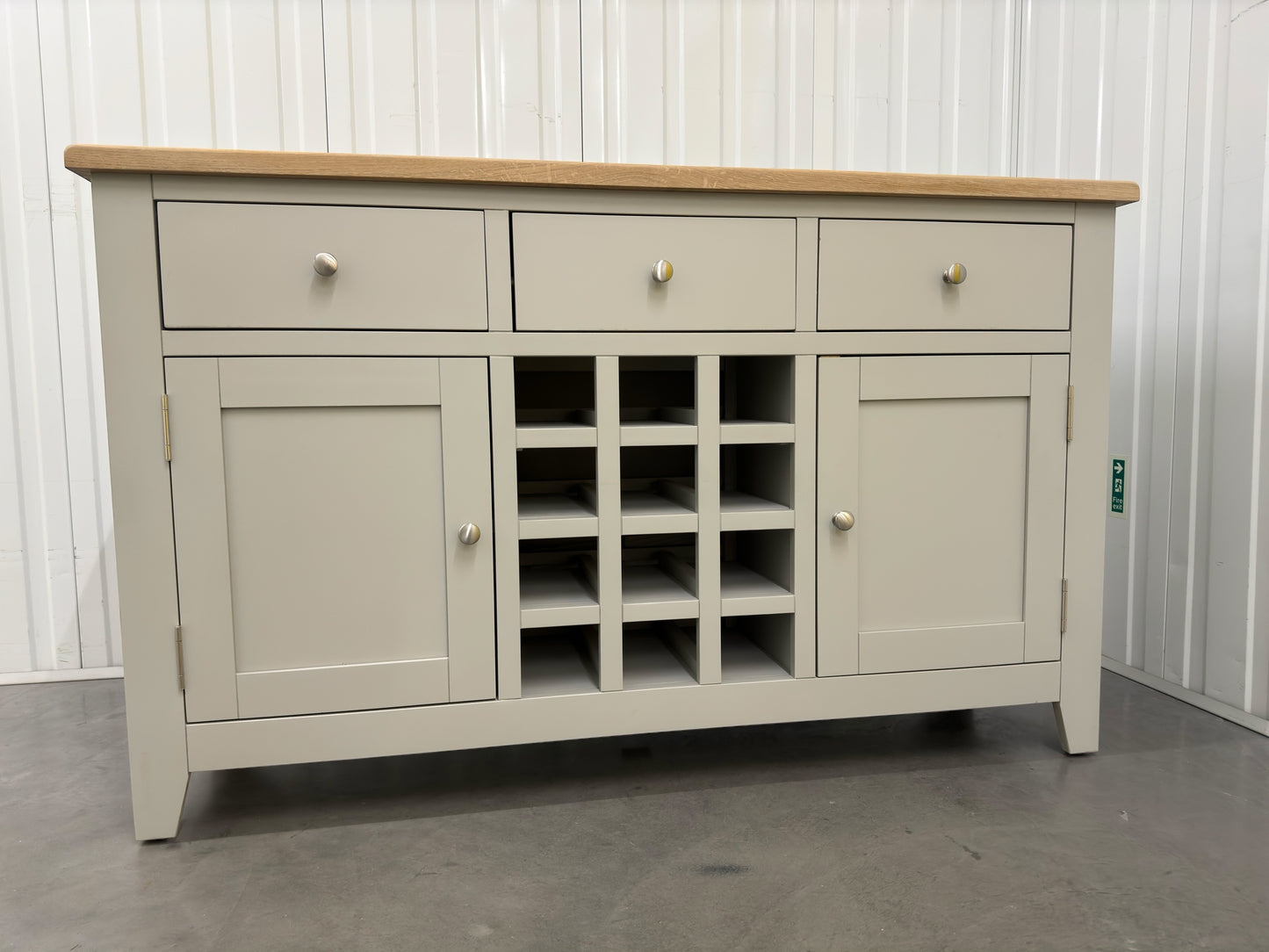 White Wax Finished Oak Top & Grey Painted Winerack Sideboard RRP £599