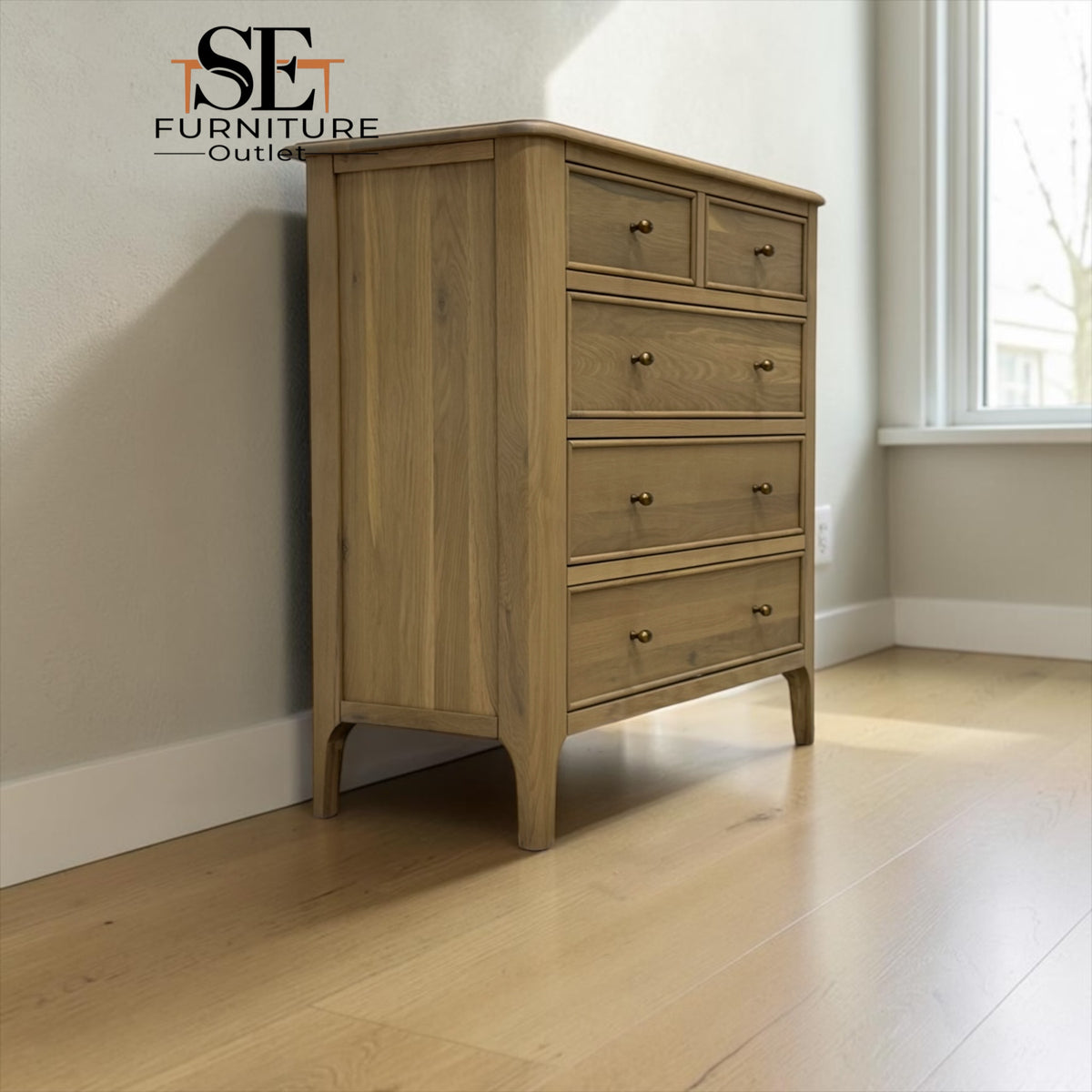 Light Natural Solid Oak 5 Drawer Chest, Newton Range From Oak Furnitureland RRP £679