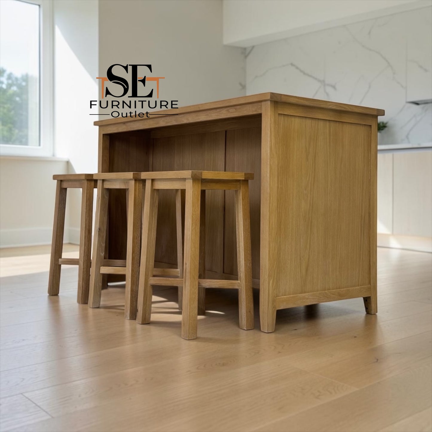 Whitewashed Finish Solid Oak & Oak Veneer Breakfast Bar Island & Stools Set, Inglesham Range, RRP £1250