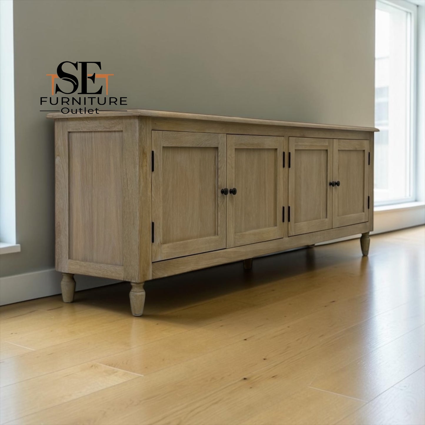 Grey-toned Limewashed Finish Solid Oak and Quality Oak Veneer Media TV Console Fits up to 75", Camille Range RRP £999