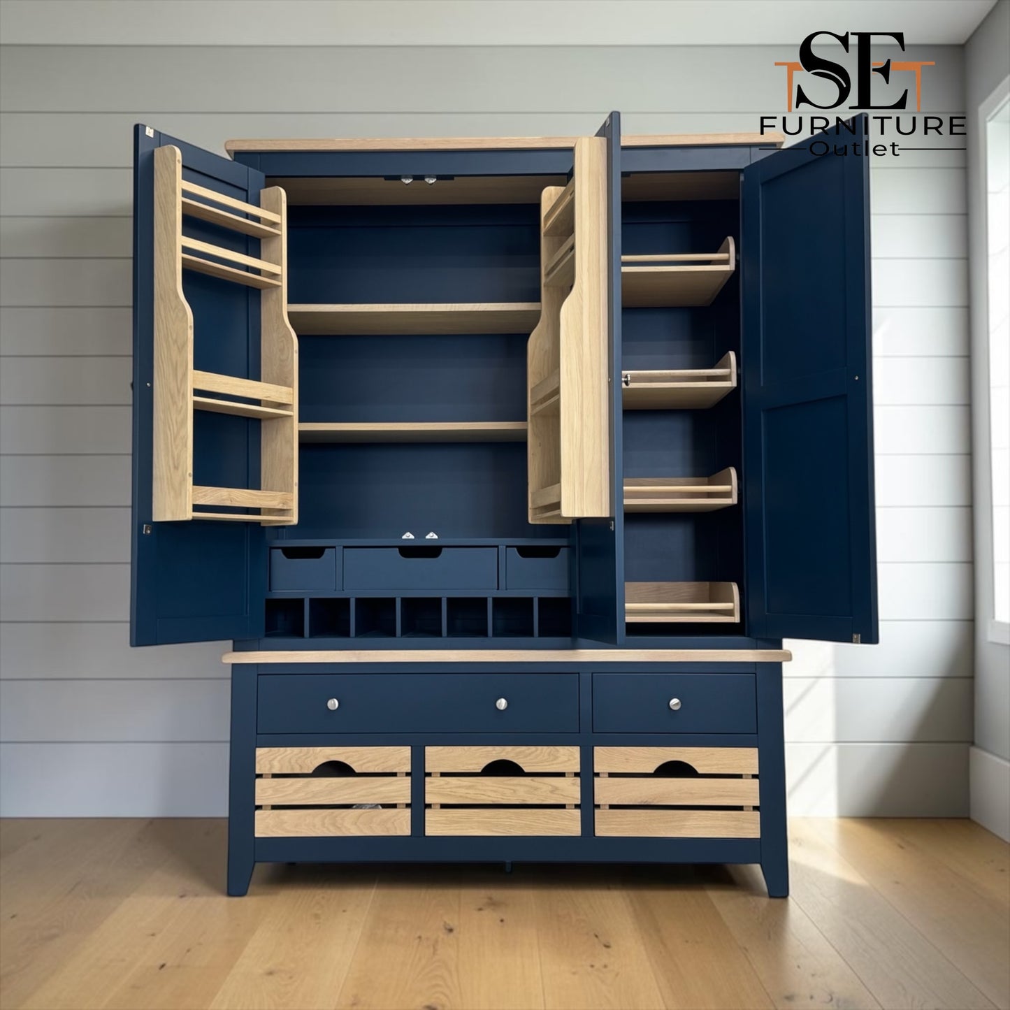 Solid Oak Top & Solid Wood Frames Triple Larder, Chester Midnight Blue Range RRP £1999
