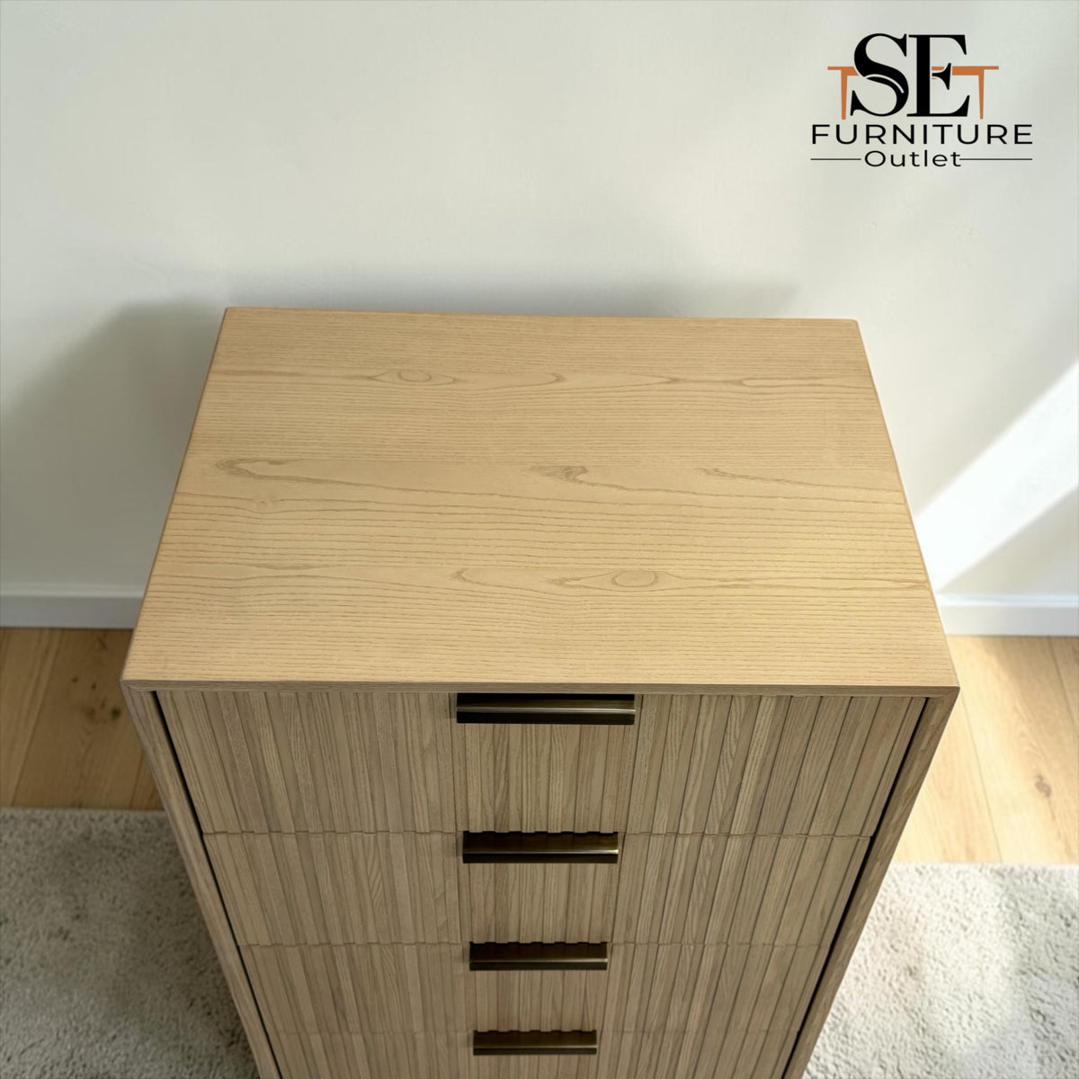 Textured Fluted Front & Brass-Plated Handles Tallboy from Oakridge Blonde Oak Range RRP £699