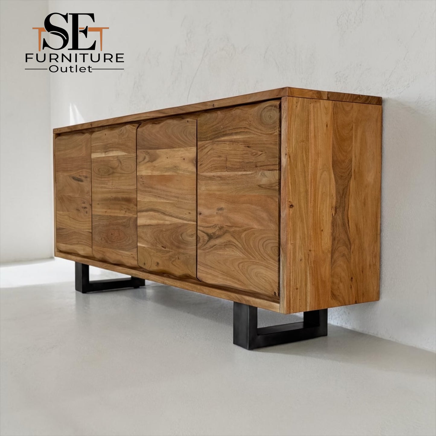 Chunky Solid Acacia Wood Live Edge 4-Door Extra Large Sideboard with Gun Metal Legs RRP £1299
