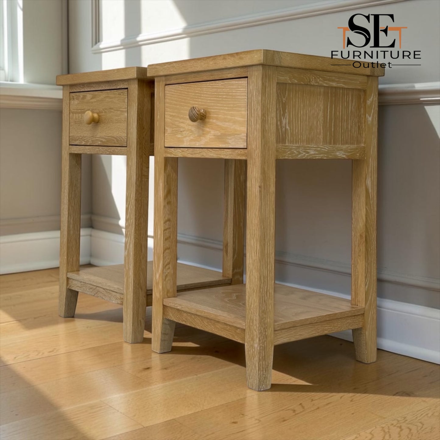 Set of 2 Whitewashed Finish Solid Oak & Oak Veneer 1 Drawer Bedside Tables, Inglesham Range RRP £398