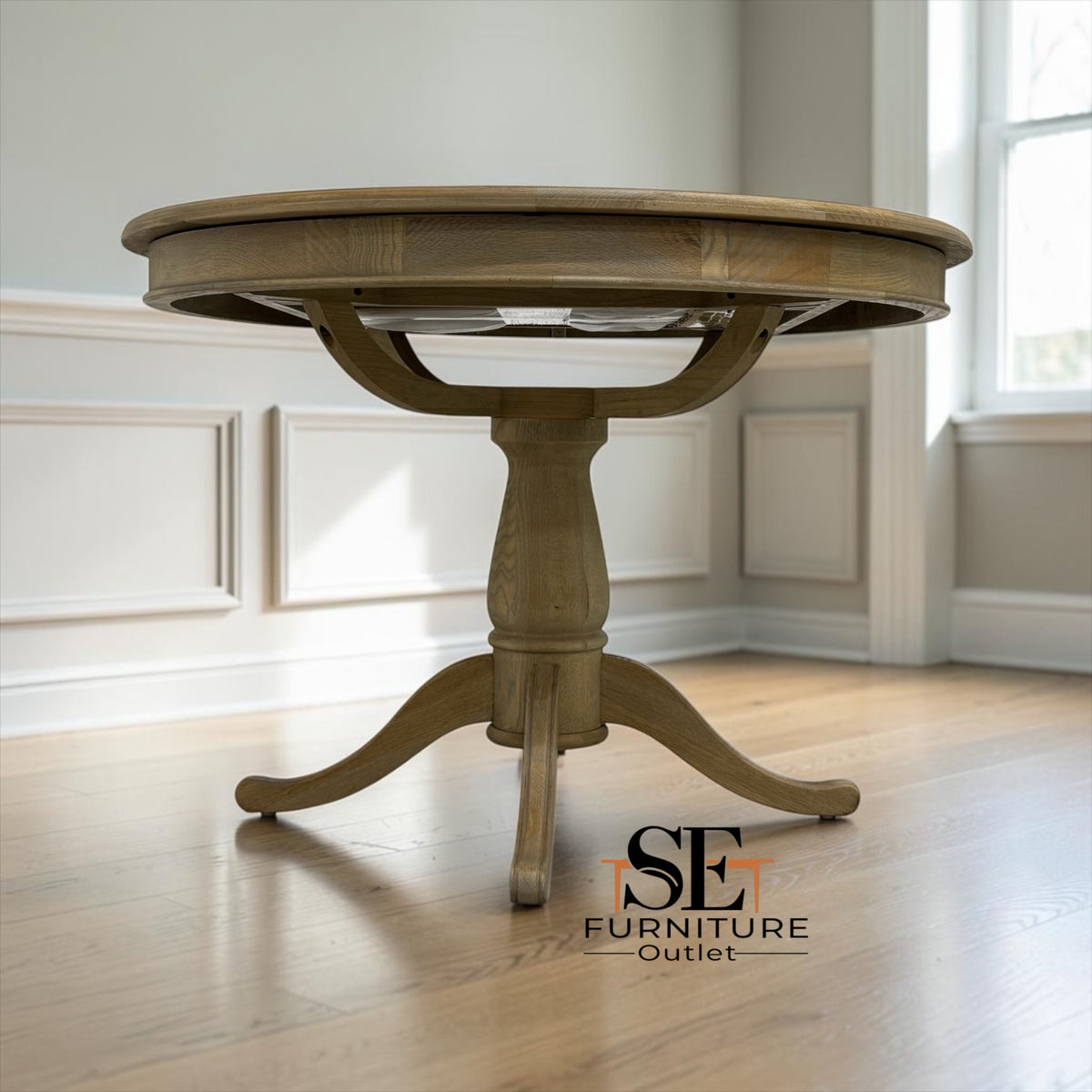 Grey-toned Limewashed Finish Solid Oak and Oak Veneer 4-6 Seater Extending Round Dining Table, Camille Range RRP £1399
