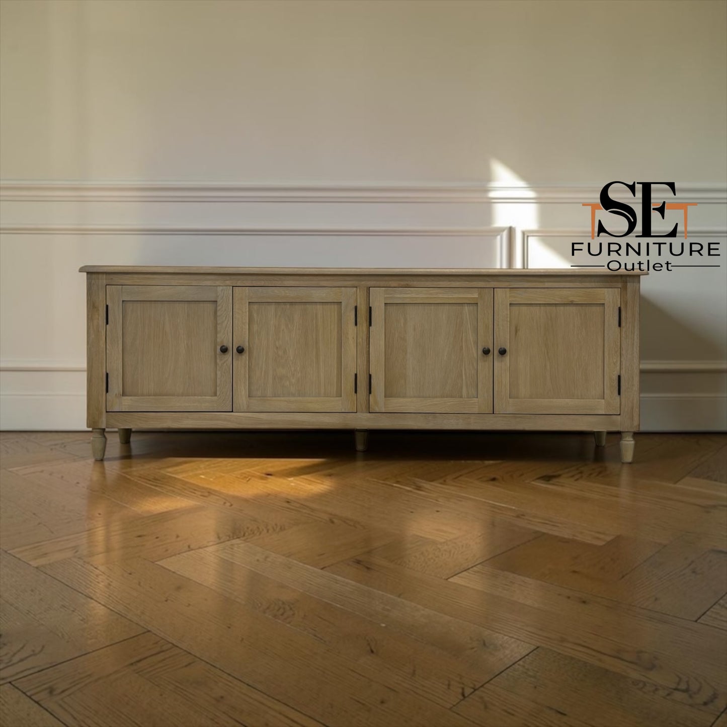 Grey-toned Limewashed Finish Solid Oak and Quality Oak Veneer Media TV Console Fits up to 75", Camille Range RRP £999