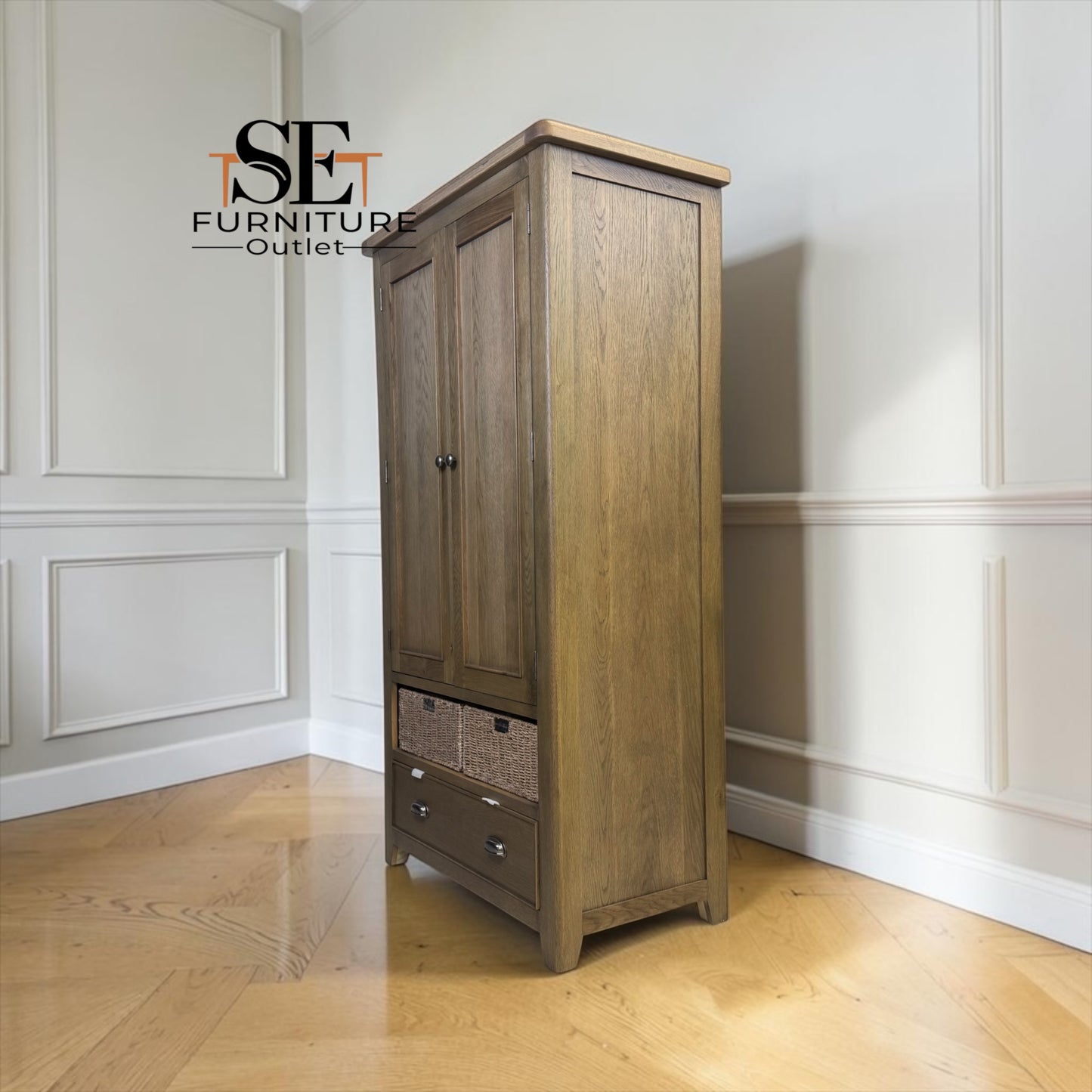 Chunky Smoked Solid Oak Double Larder with Rounded Corners and Storage Baskets, RRP £1299