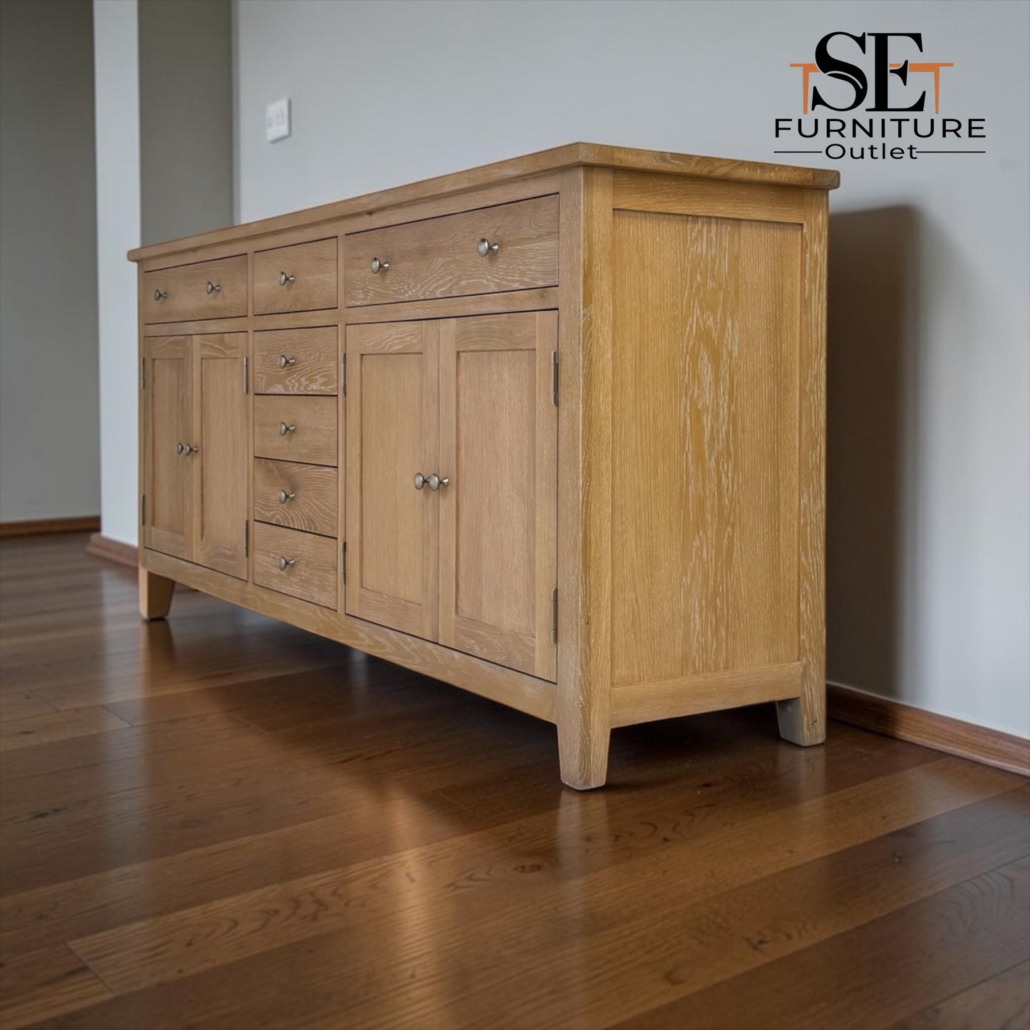 Solid Oak Frames with Oak Veneer Whitewashed Finish Grand Sideboard, Inglesham Range RRP £1200