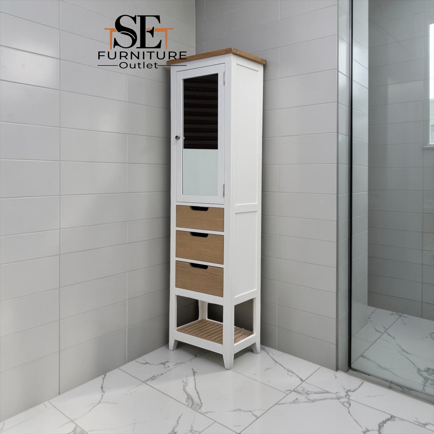 Oak & Solid Wood Frames Bathroom High Cabinet, Chester Pure white Range RRP £550
