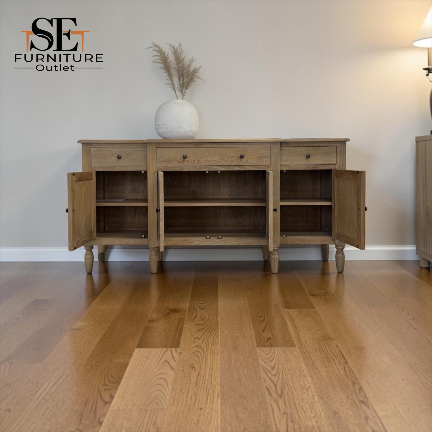 Grey-toned Limewash Finished Solid Oak & High-Quality Oak Veneer Extra Large Sideboard, Camille Range, RRP £1400