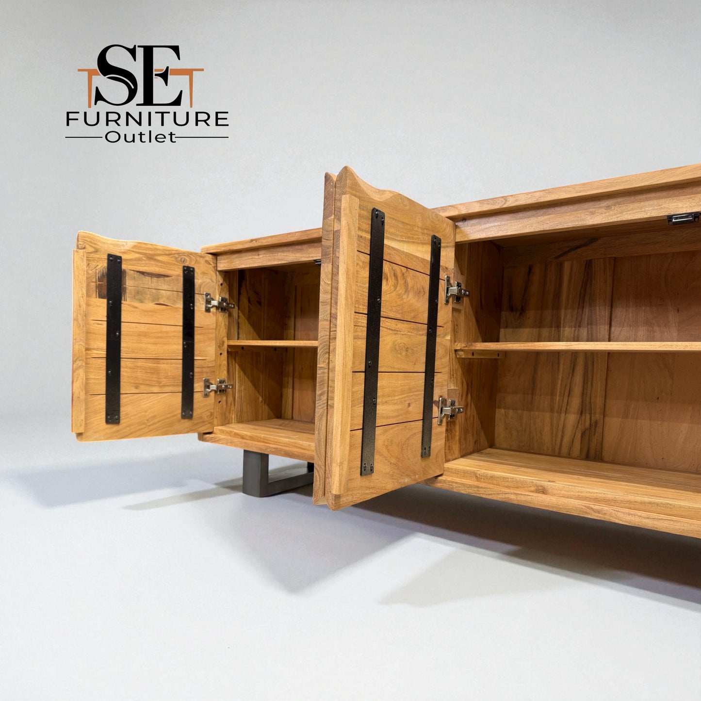 Chunky Solid Acacia Wood Live Edge 4-Door Extra Large Sideboard with Gun Metal Legs RRP £1299