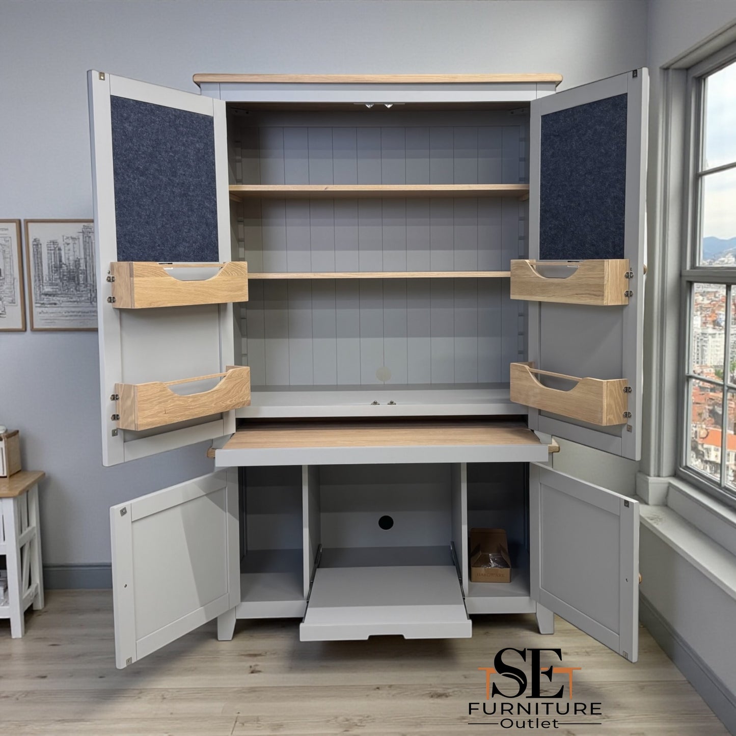 Solid Oak Top & Solid Wood Frames Hideaway Home Office, Chester Dove Grey Range RRP £1799