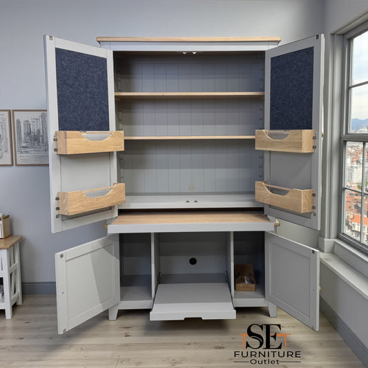 Solid Oak Top & Solid Wood Frames Hideaway Home Office, Chester Dove Grey Range RRP £1799