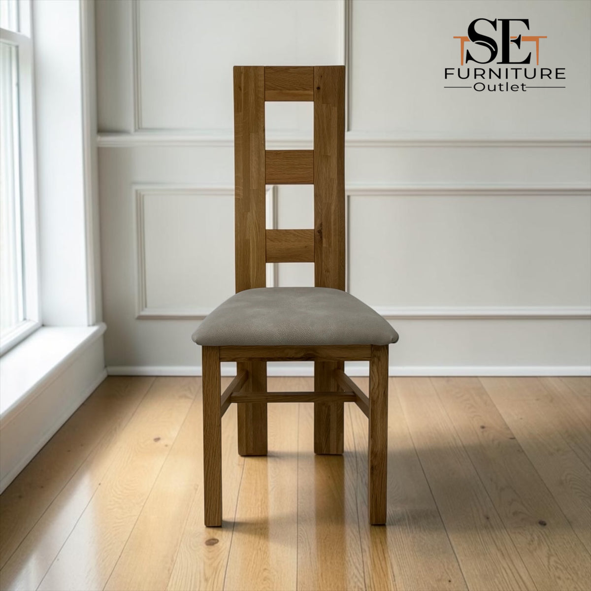 Set of 6 Natural Solid Oak Dining Chairs with Dappled Beige Fabric Seat Pads, Wave Range by Oak Furnitureland RRP £240 Each