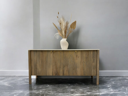 GREY WASH MANGO WOOD LARGE SIDEBOARD, WITH A STRIKING RIBBED FEATURE & A POLISHED CARRERA MARBLE TOP