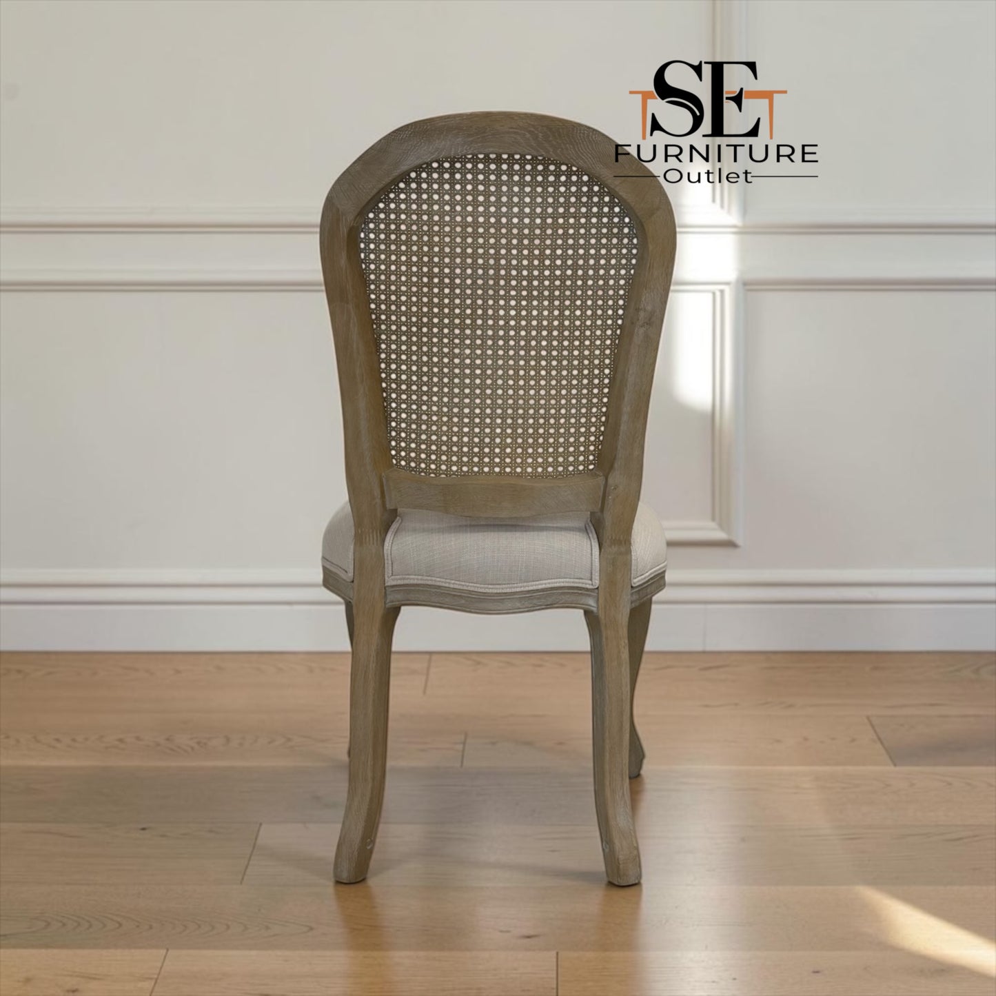 Set of 4 Grey-toned Limewashed Finish Solid Oak Rattan Back Dining Chairs, Camille Range RRP £1196