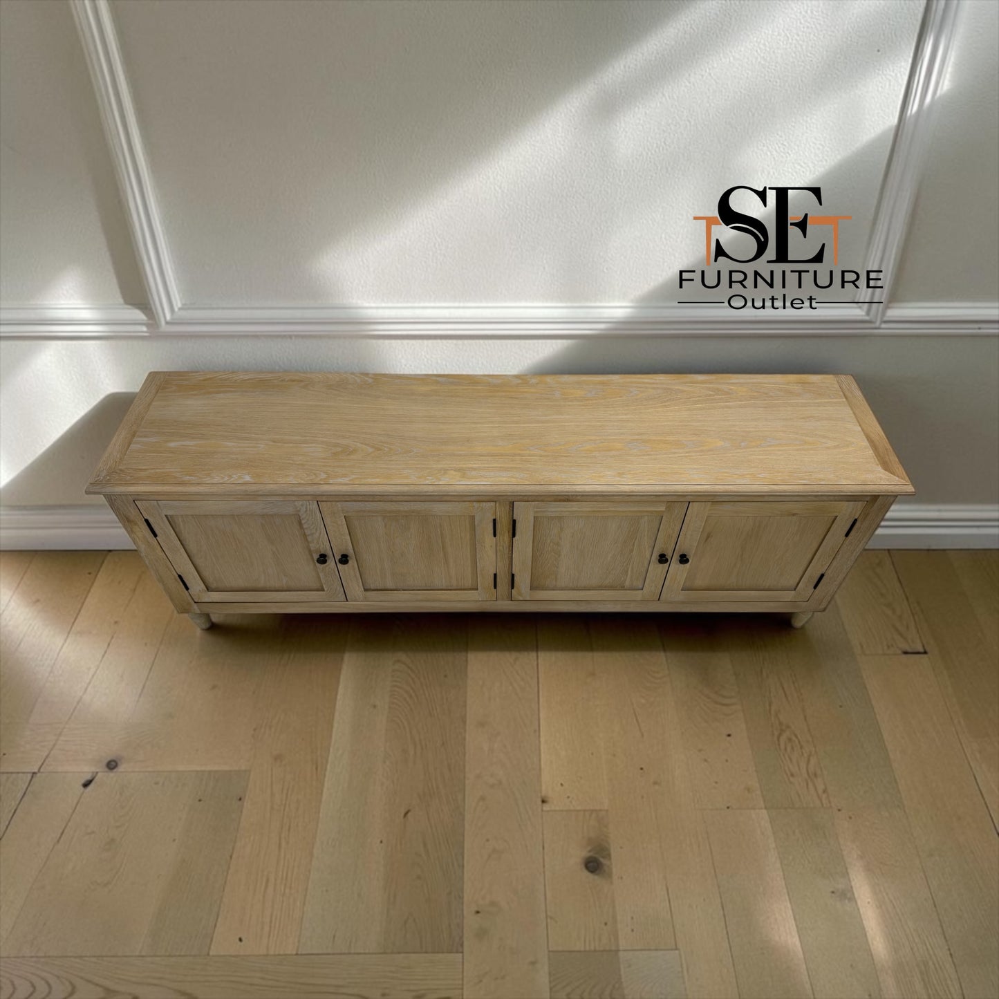 Grey-toned Limewashed Finish Solid Oak and Quality Oak Veneer Media TV Console Fits up to 75", Camille Range RRP £999