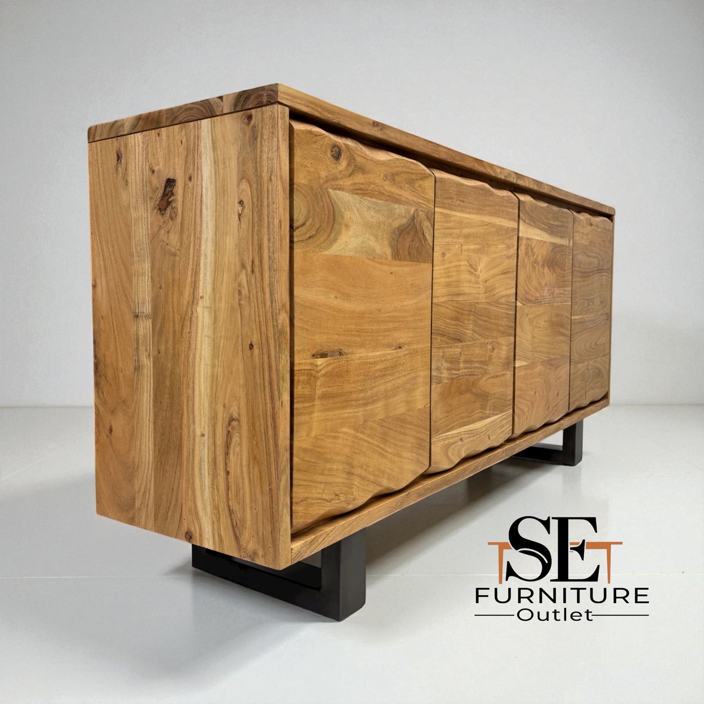 Chunky Solid Acacia Wood Live Edge 4-Door Extra Large Sideboard with Gun Metal Legs RRP £1299