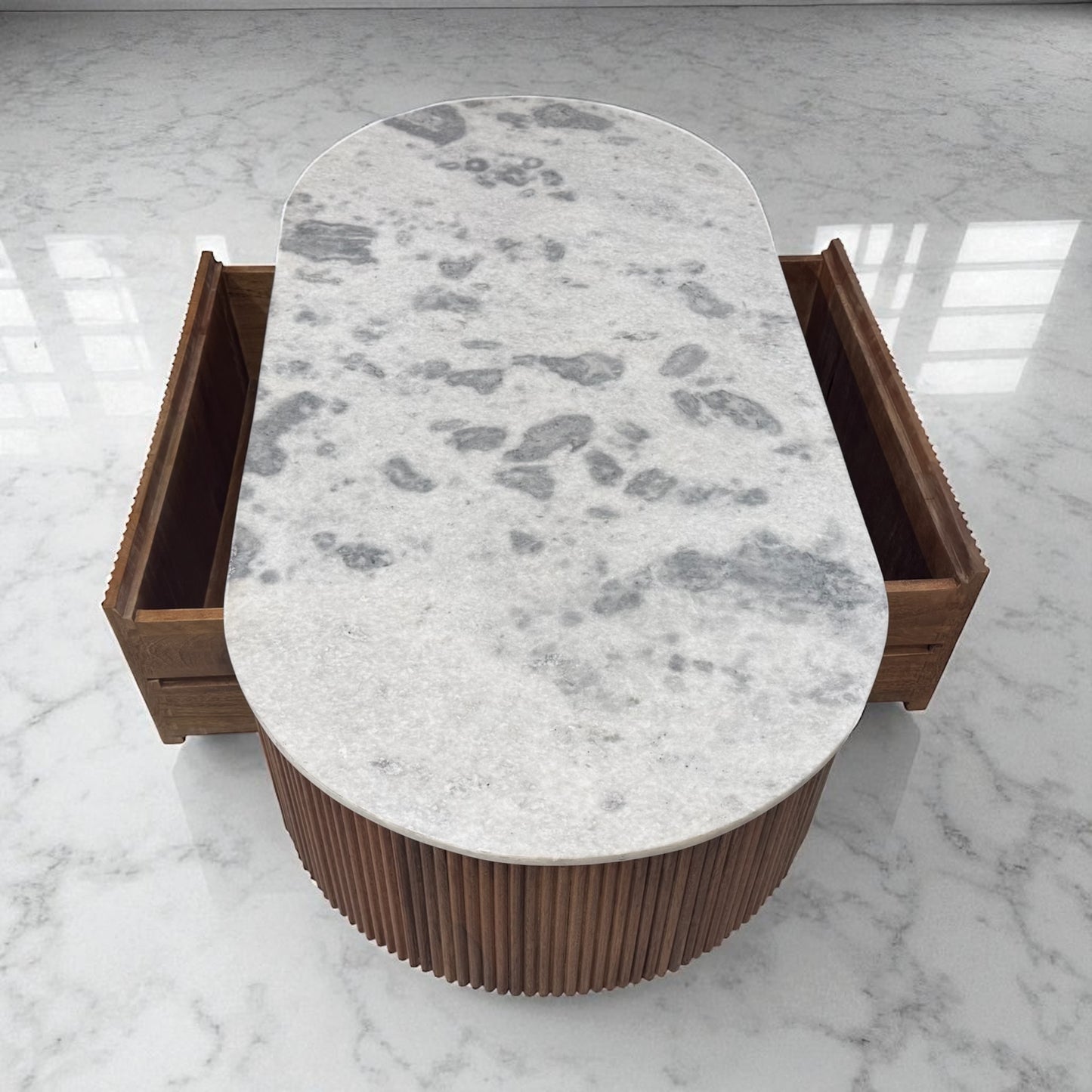 Solid Mango Wood Fluted Base & Natural White & Grey Mottled Marble Top Coffee Table