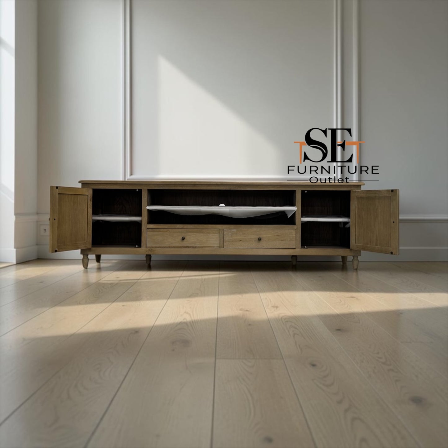 Grey-toned Limewashed Finish Solid Oak and Quality Oak Veneer XXL Tv Stand Fits up to 90", Camille Range RRP £1099