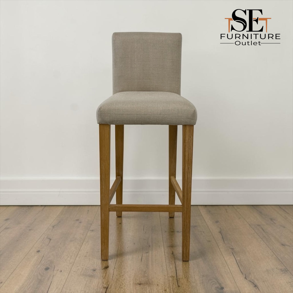 Set of 4 Beige Upholstered Bar Stools with Whitewashed Oak Legs, Alder Range RRP £799.