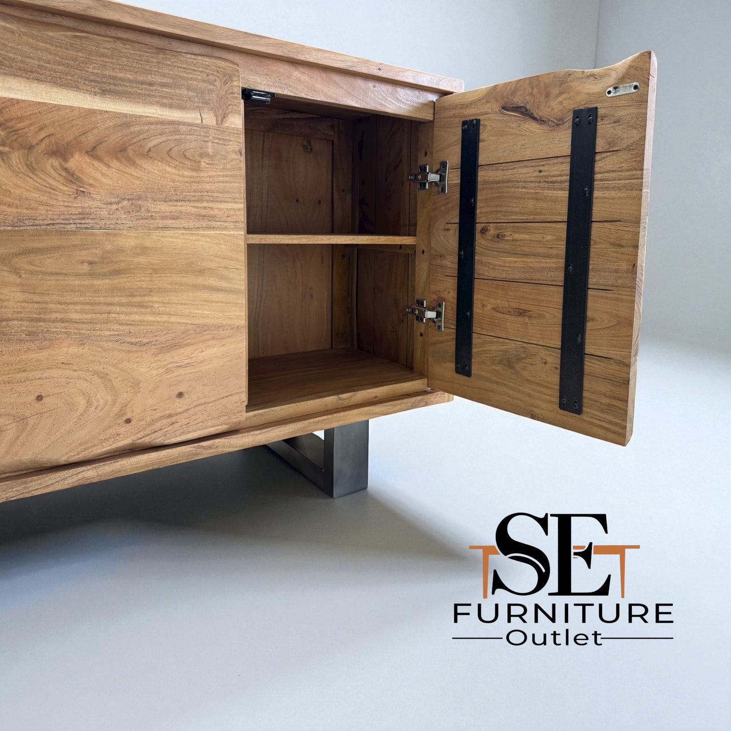 Chunky Solid Acacia Wood Live Edge 4-Door Extra Large Sideboard with Gun Metal Legs RRP £1299