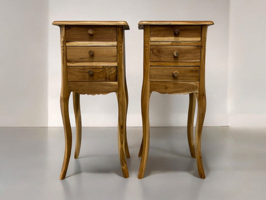 Solid Oiled Teak Wood 3 Drawer Bedside Tables/ Side Tables/ Lamp Tables