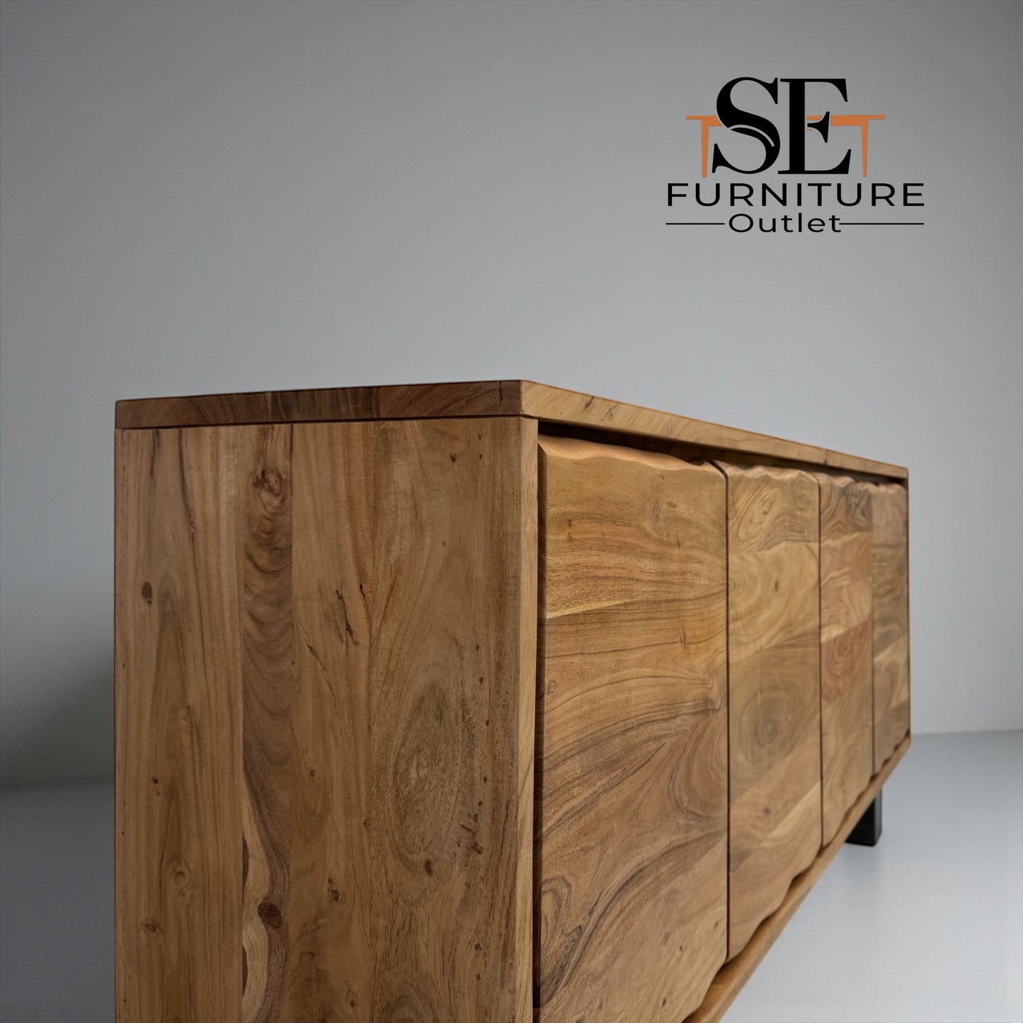 Chunky Solid Acacia Wood Live Edge 4-Door Extra Large Sideboard with Gun Metal Legs RRP £1299