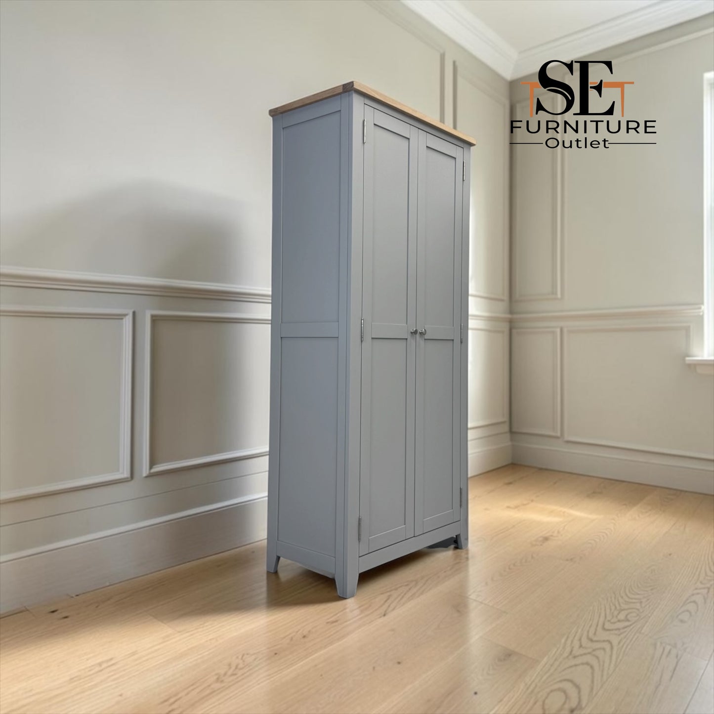 Oak Top & Solid Wood Frames Dove Grey Painted Utility Cupboard RRP £1100