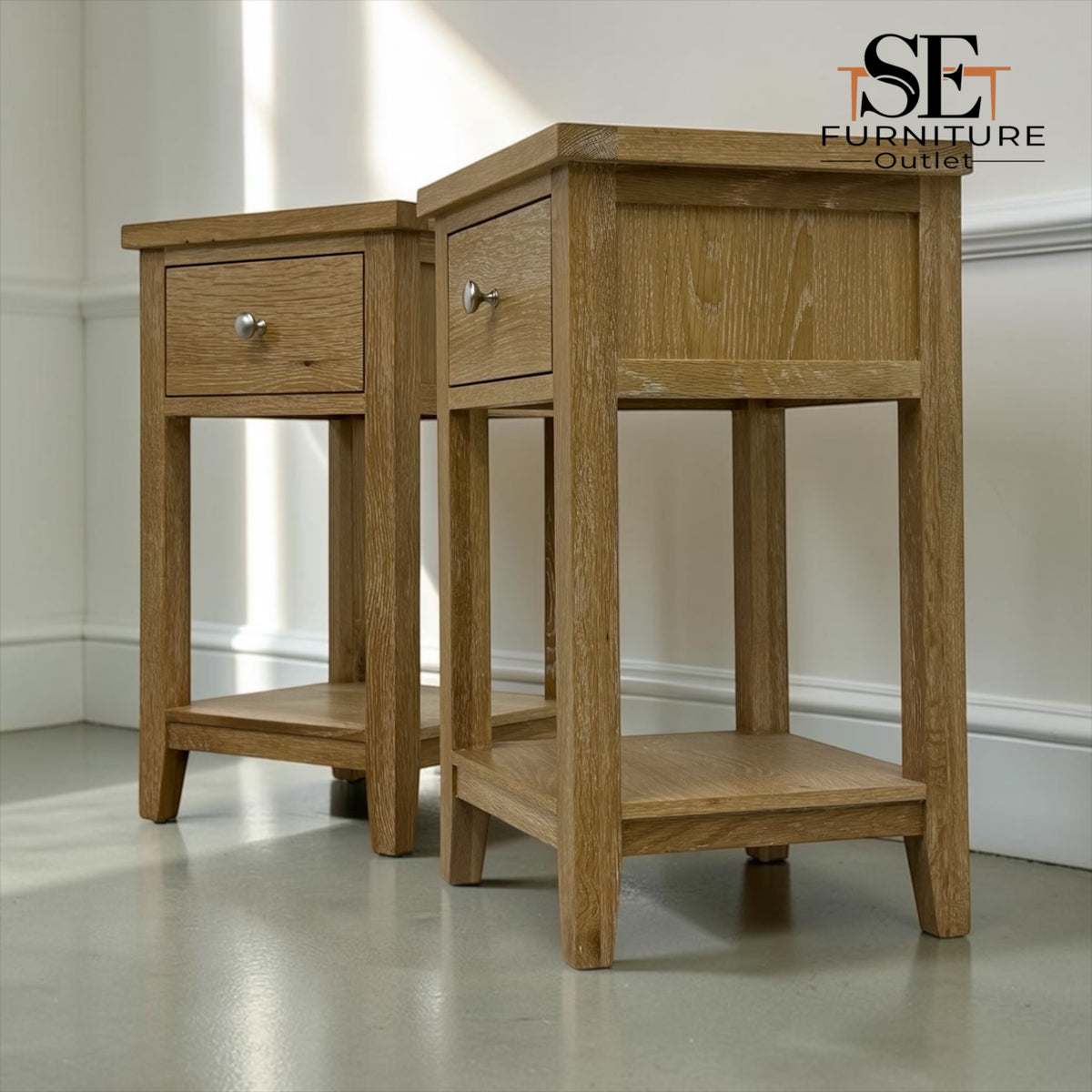 Set of 2 Whitewashed Finish Solid Oak & Oak Veneer 1 Drawer Bedside Tables, Inglesham Range RRP £398