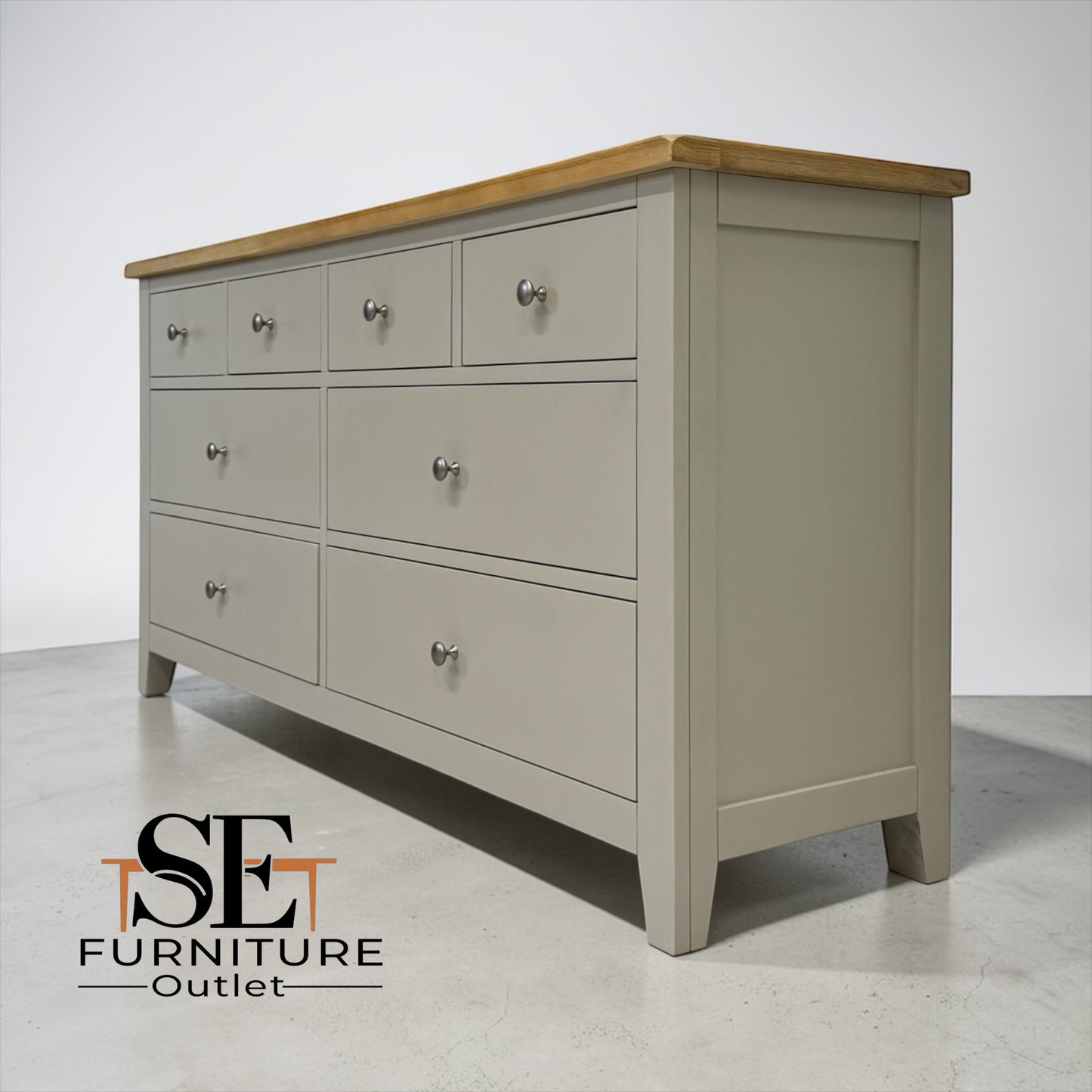 White Wax Finish Oak Top & Solid Wood Frames 8 Drawer Chest, Chester Limestone Range RRP £750